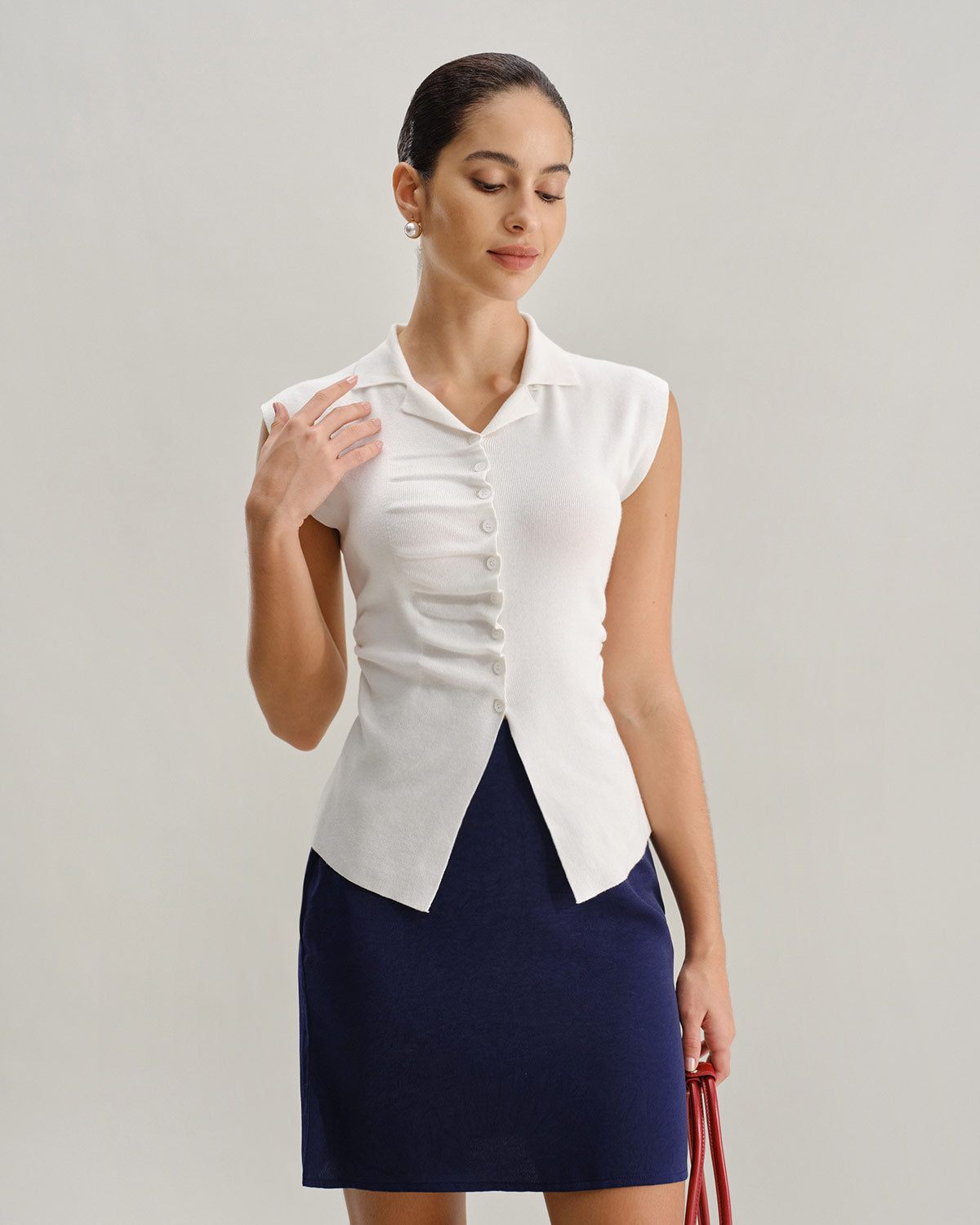 White Ruched Single Breasted Cardigan