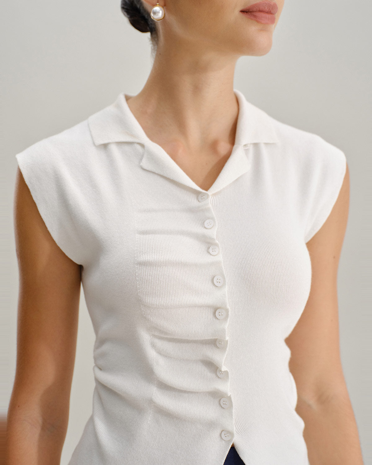 White Ruched Single Breasted Cardigan