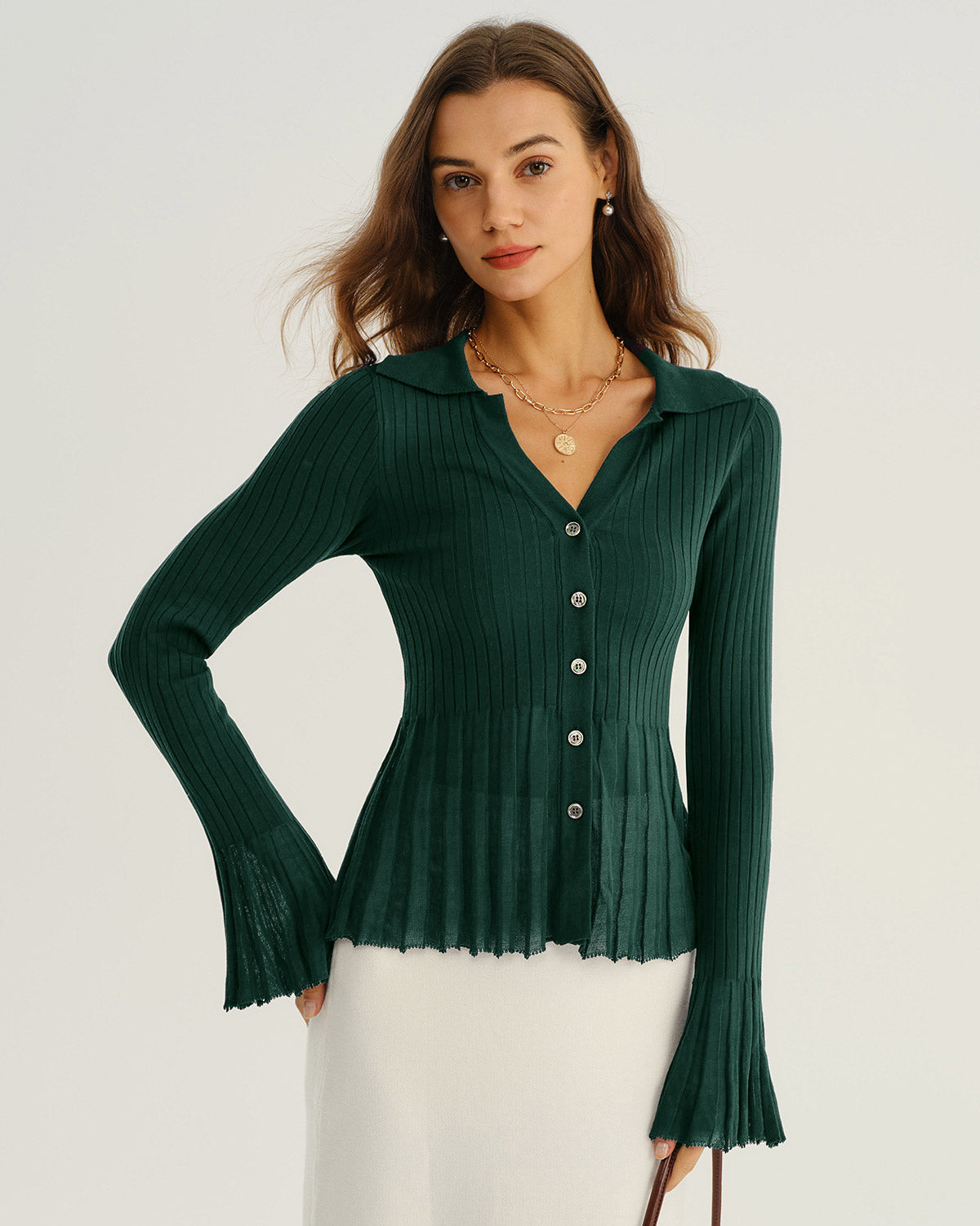 Green V-Neck Bell Sleeve Knit Cardigan