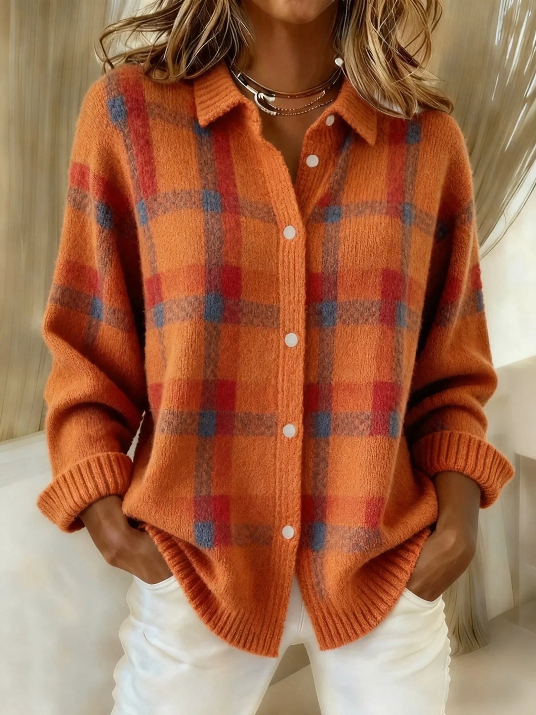 The Chloe Autumn Plaid Button-Up Knit