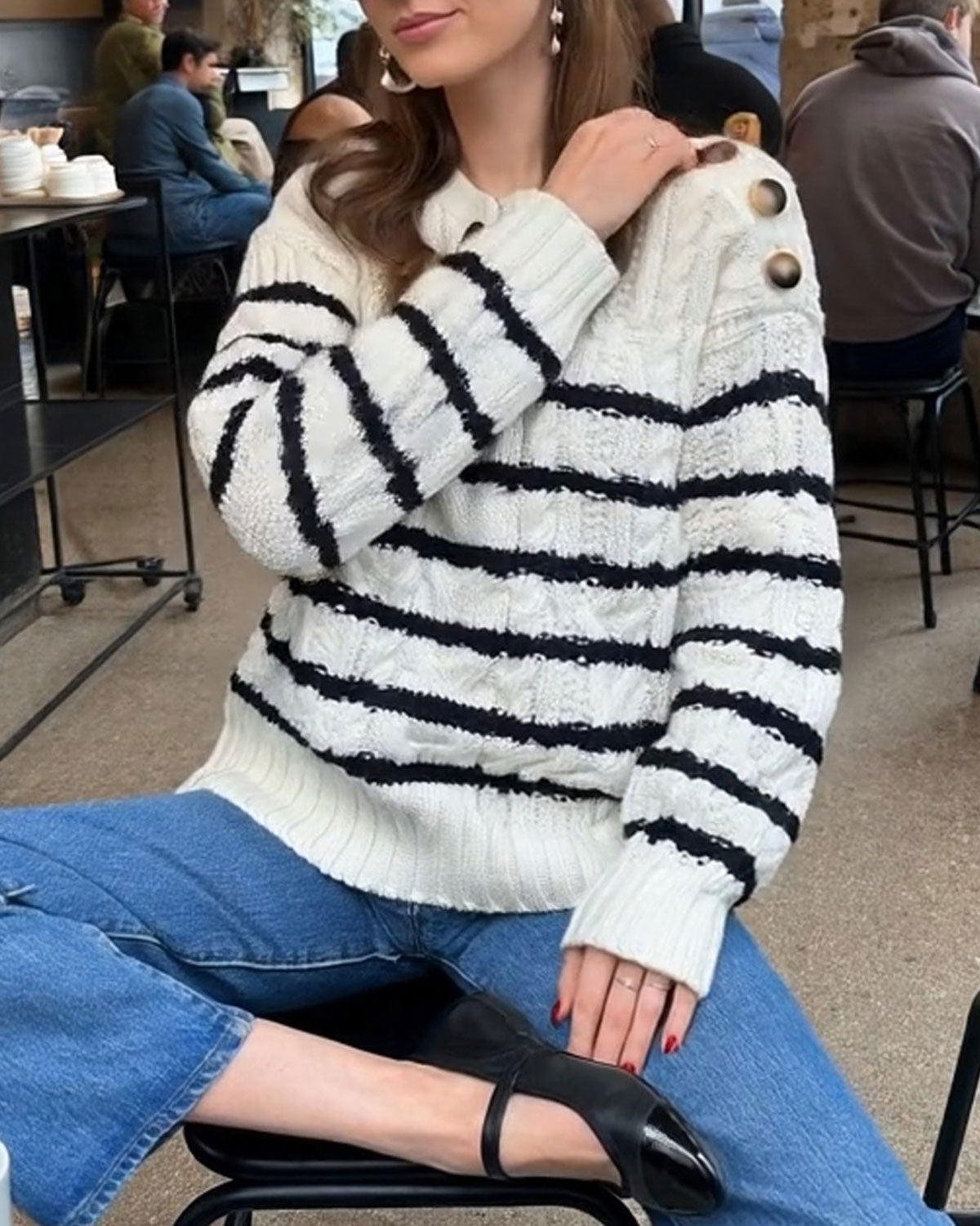 White Striped Button Knit Cardigan