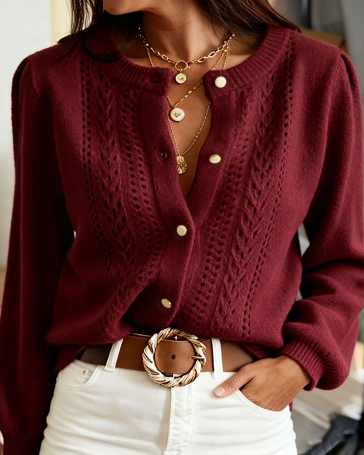 Wine Red Round Neck Casual Knit Cardigan