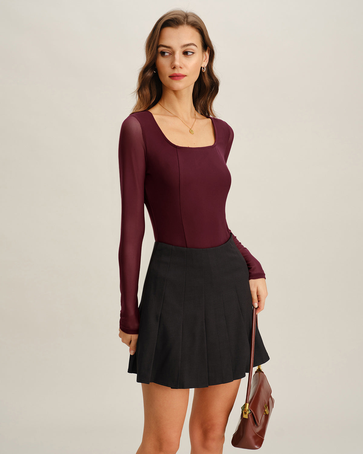 Wine Red Square Neck Slim Tee