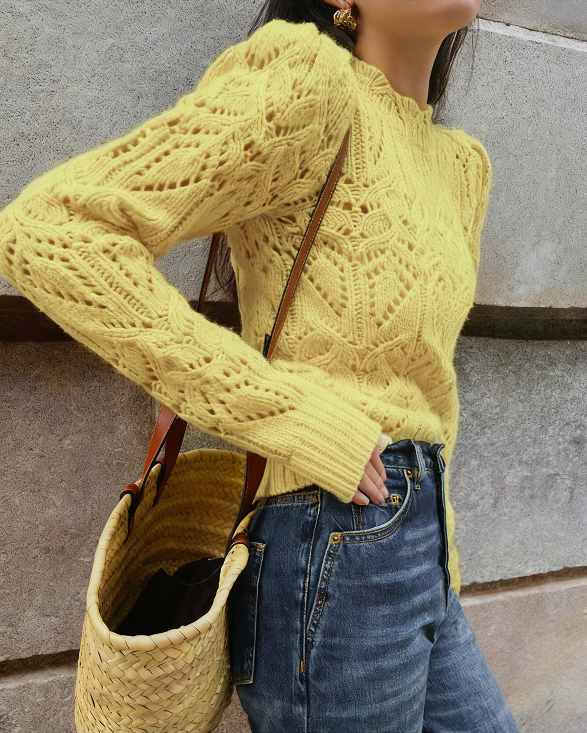 Yellow Round Neck Cut Out Sweater