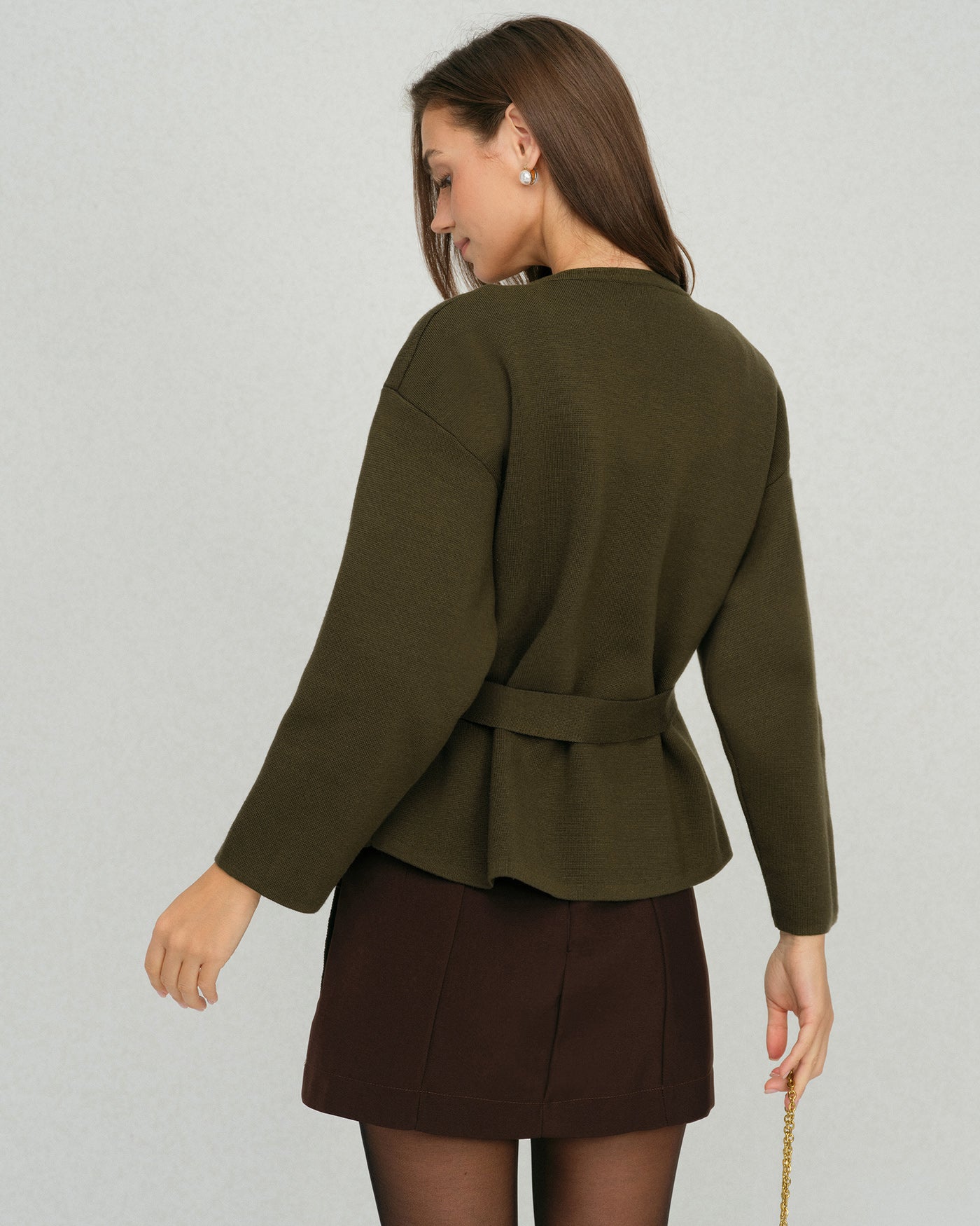 Green Round Neck Belted Cardigan
