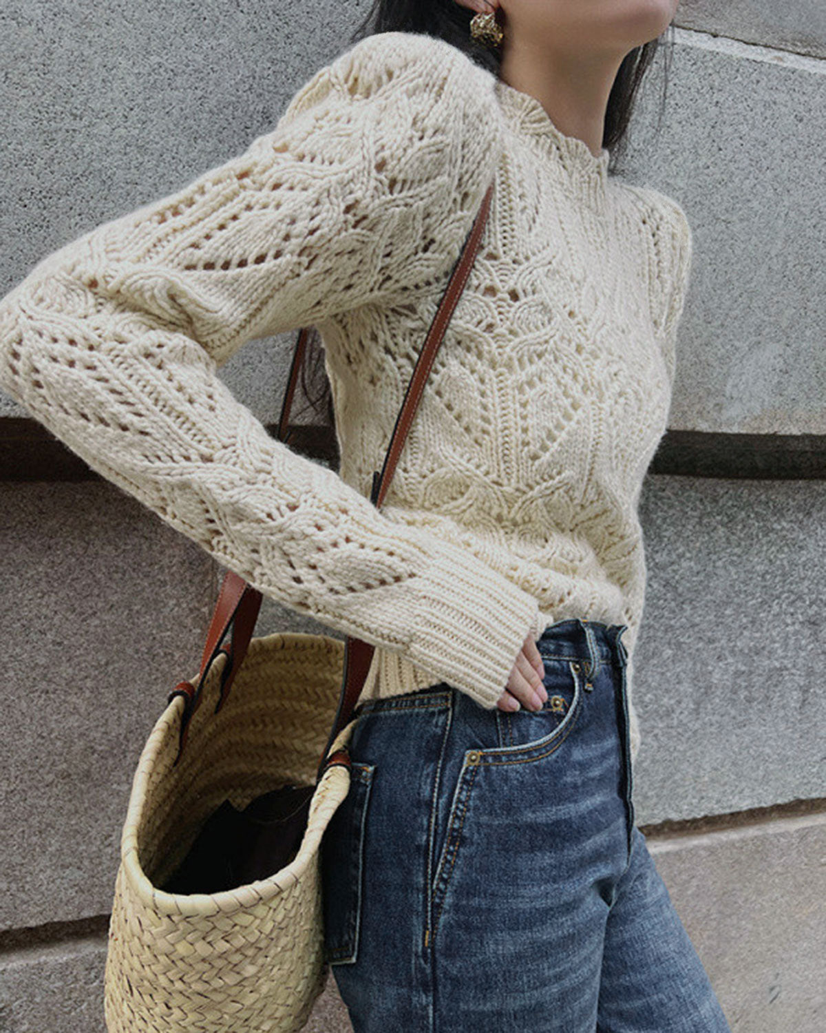 Harper Off White Round Neck Cut Out Sweater