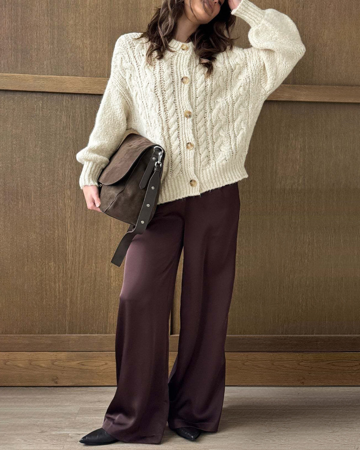 White Round Neck Textured Knit Cardigan