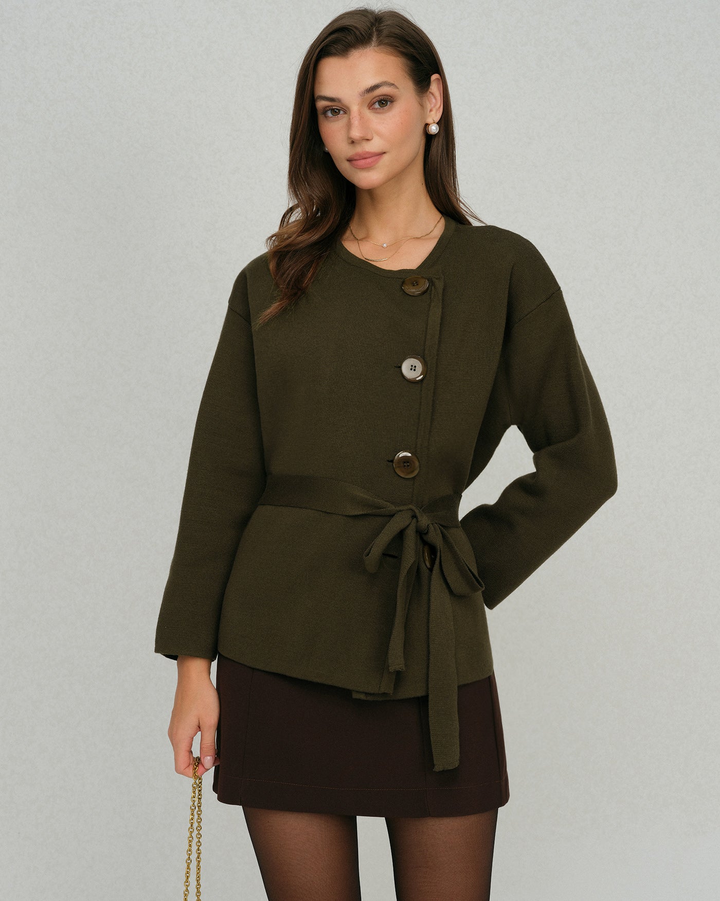 Green Round Neck Belted Cardigan