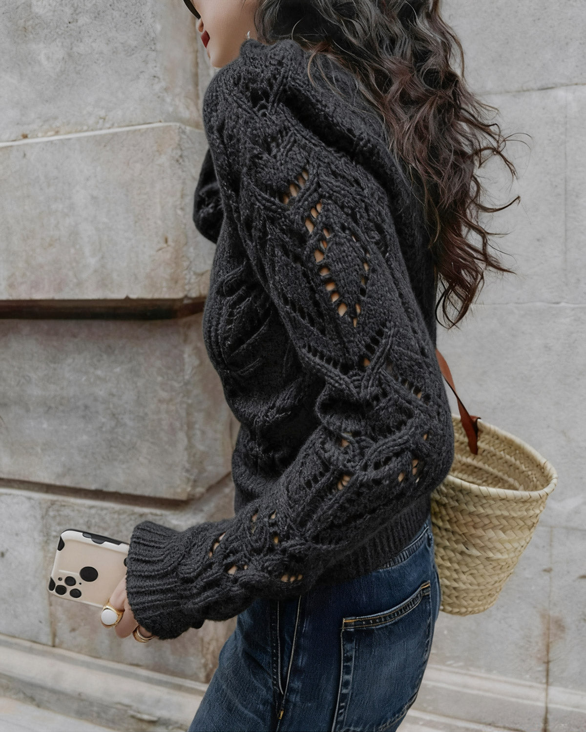 Black Round Neck Cut Out Sweater