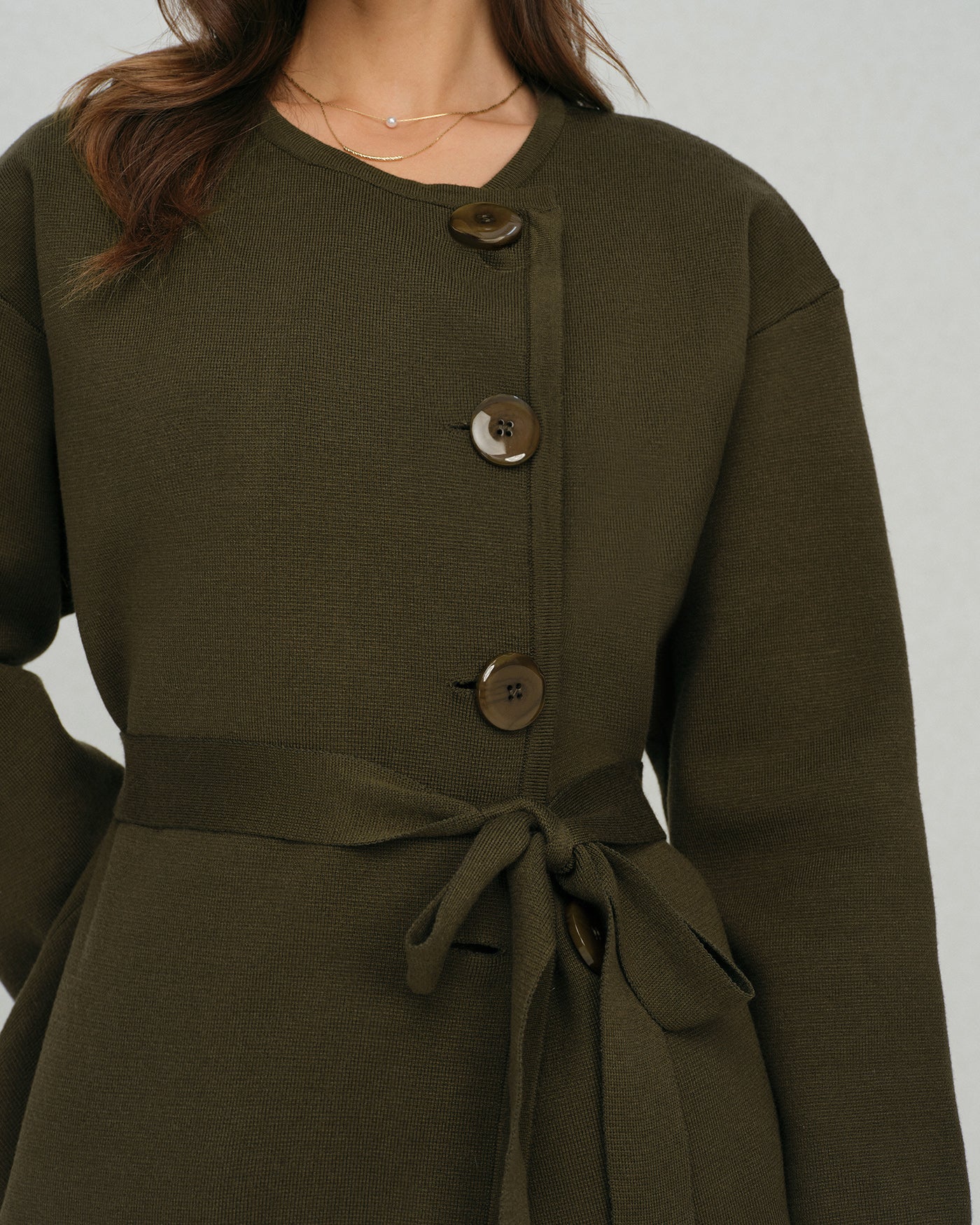 Green Round Neck Belted Cardigan