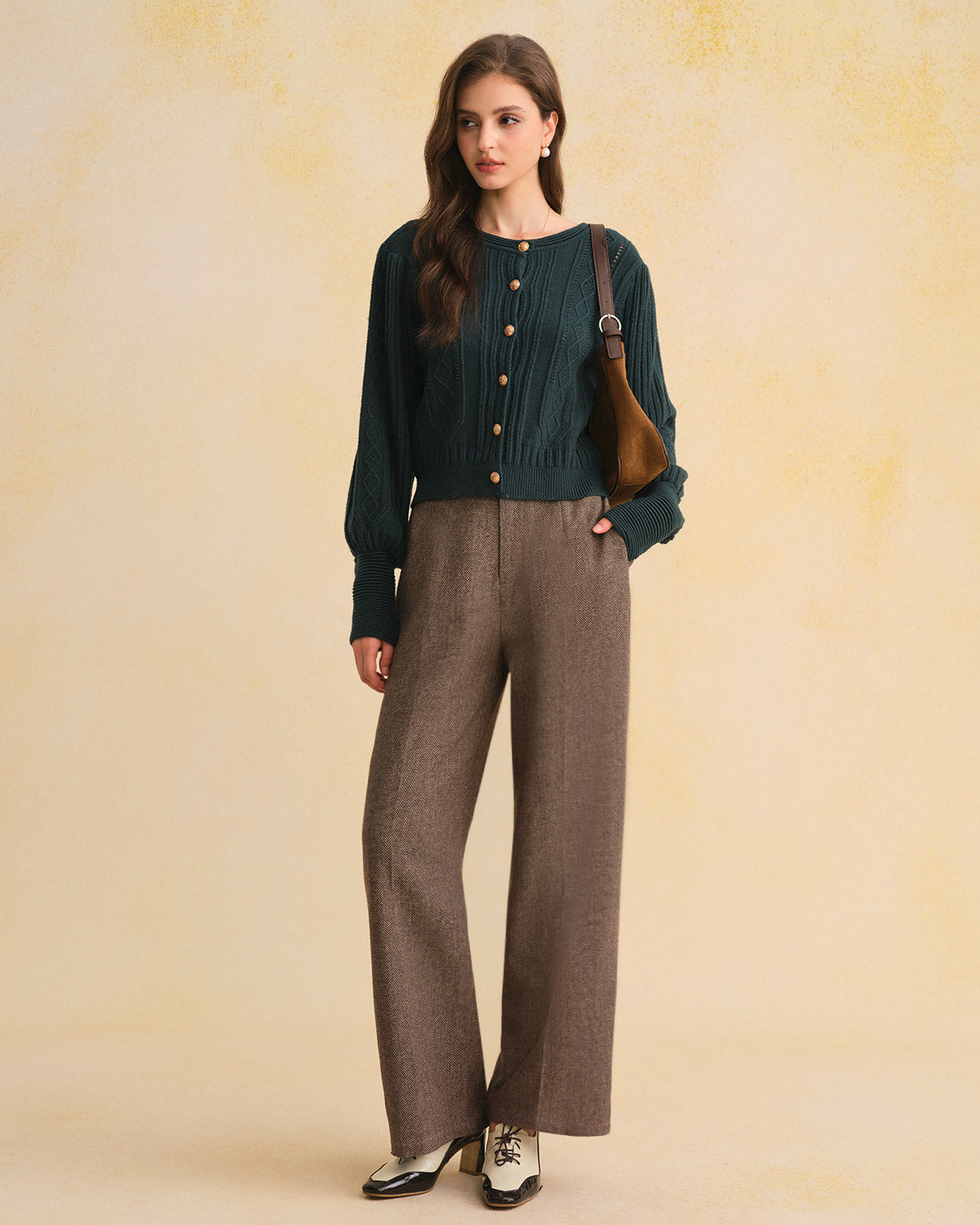 Green Retro Lantern Sleeve Knit Cardigan