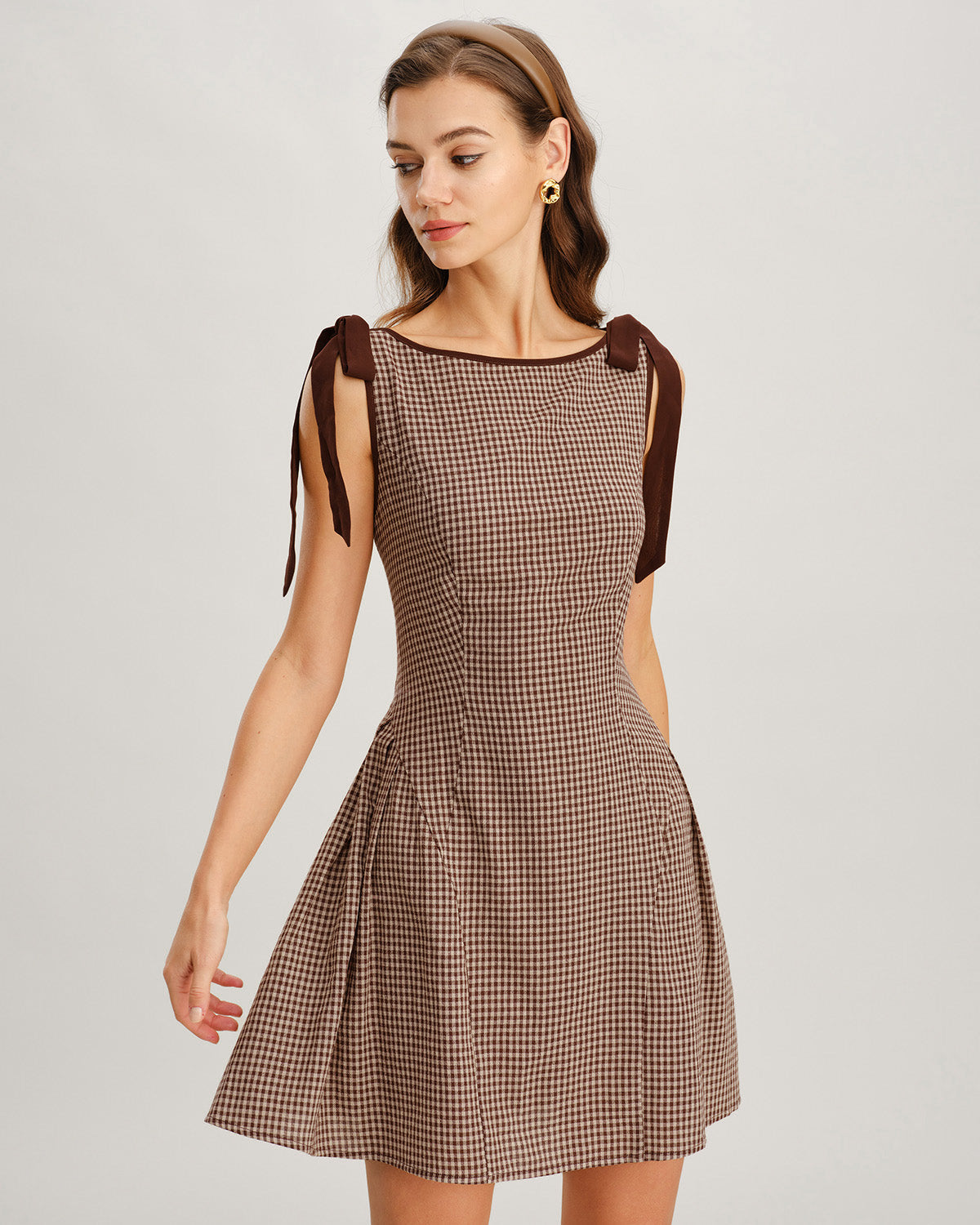 Brown Plaid Tie Strap Mini Dress