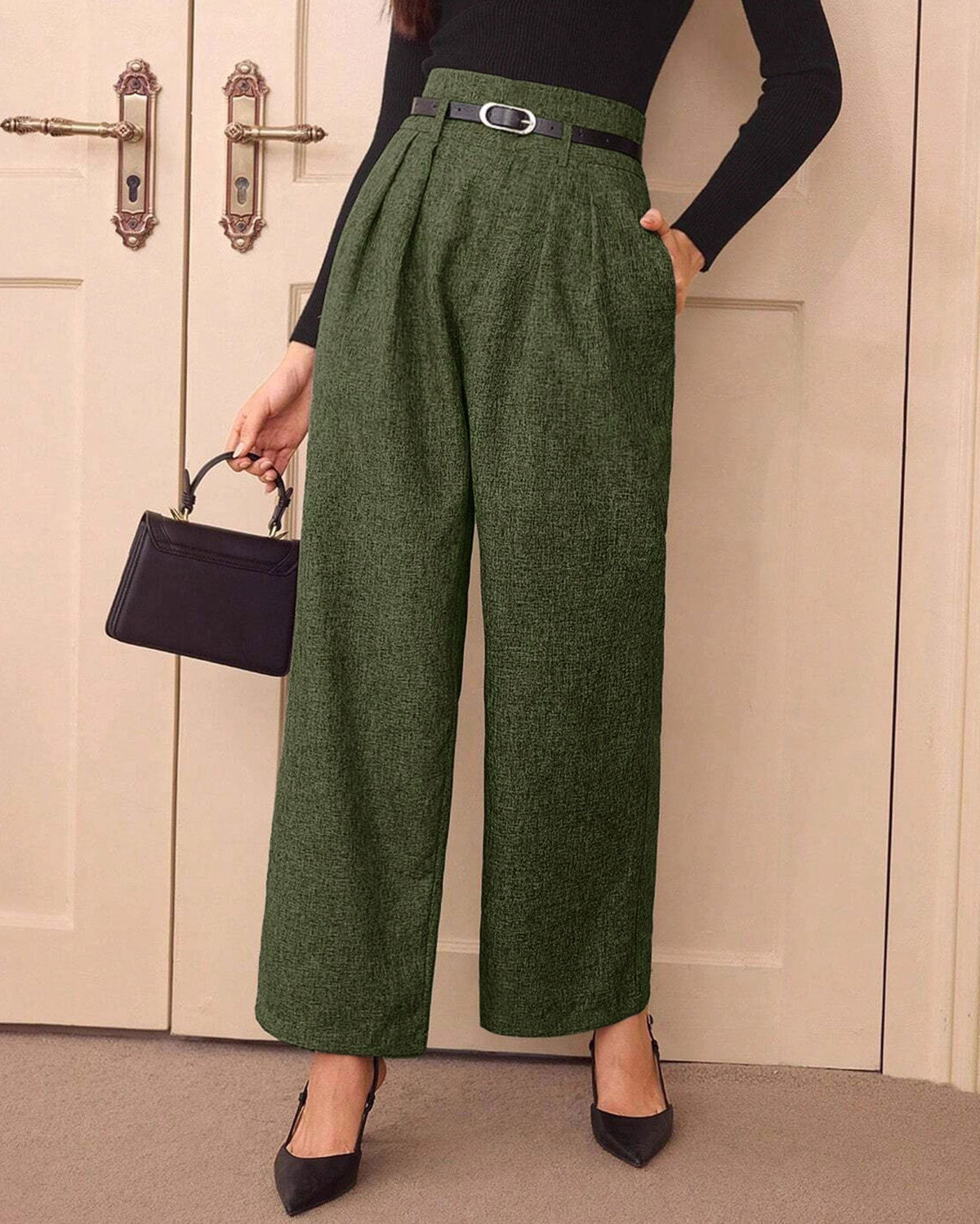Green Belted Straight Casual Pants