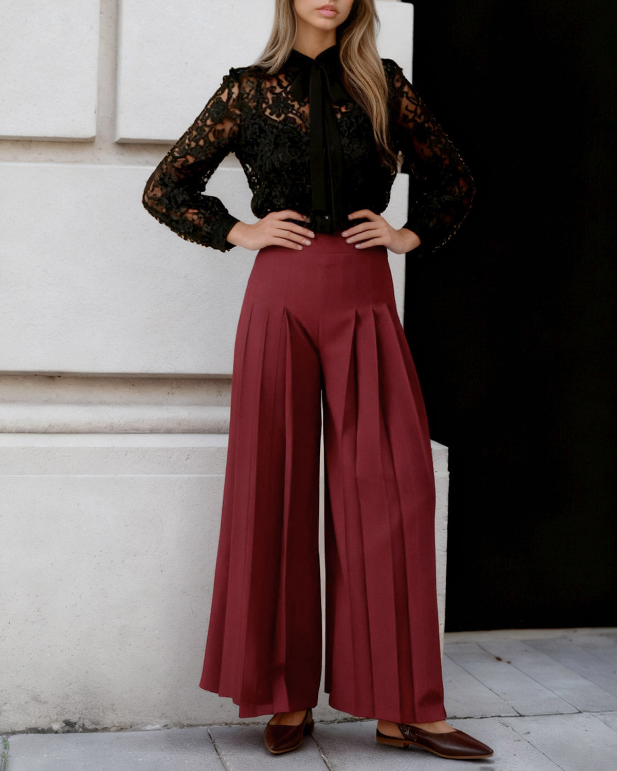 Wine Red Wide Leg Pants