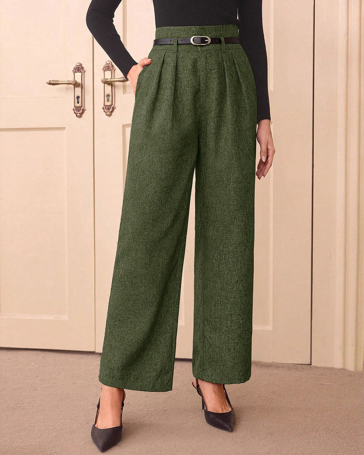 Green Belted Straight Casual Pants