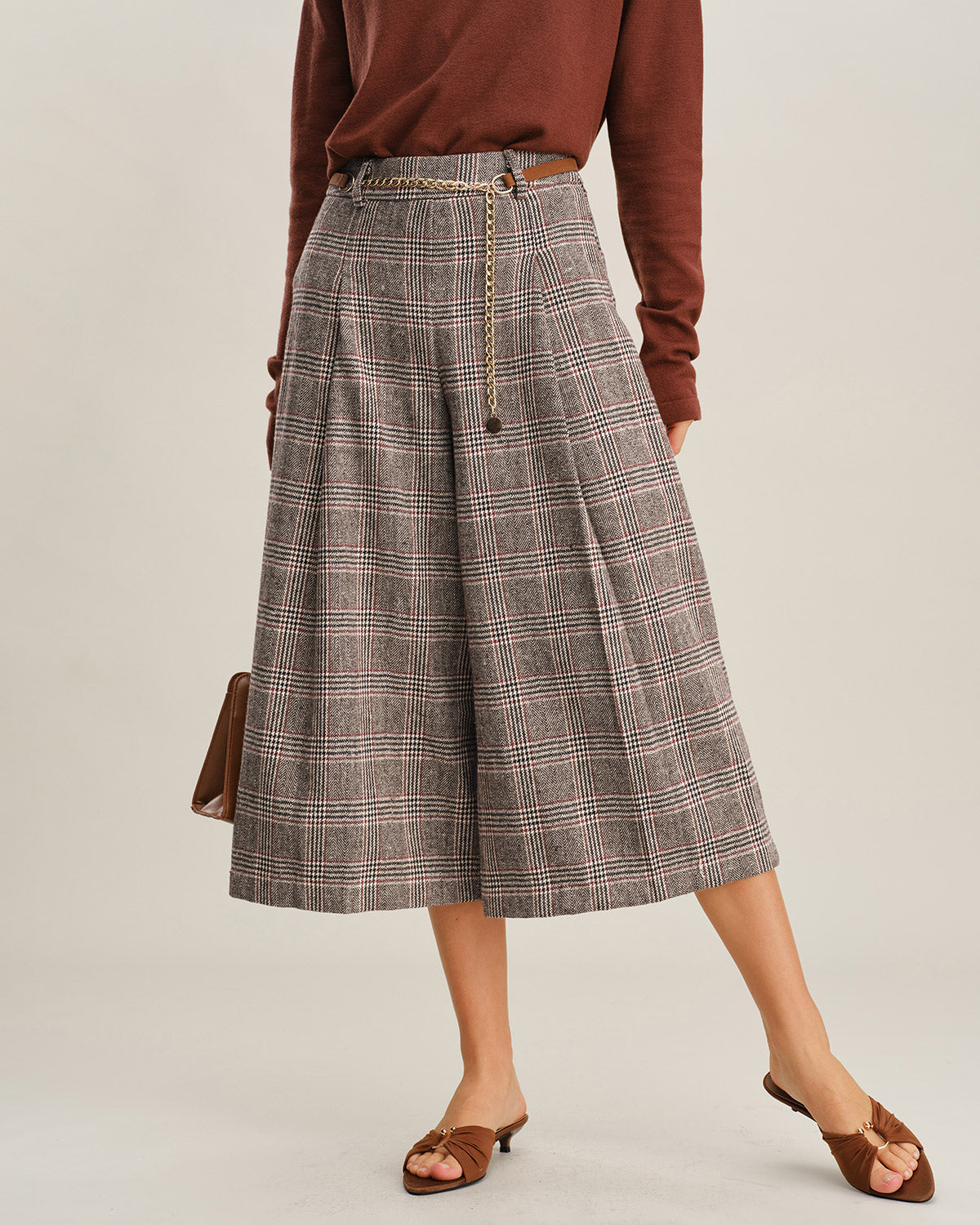 Khaki Plaid Wide Leg Pants
