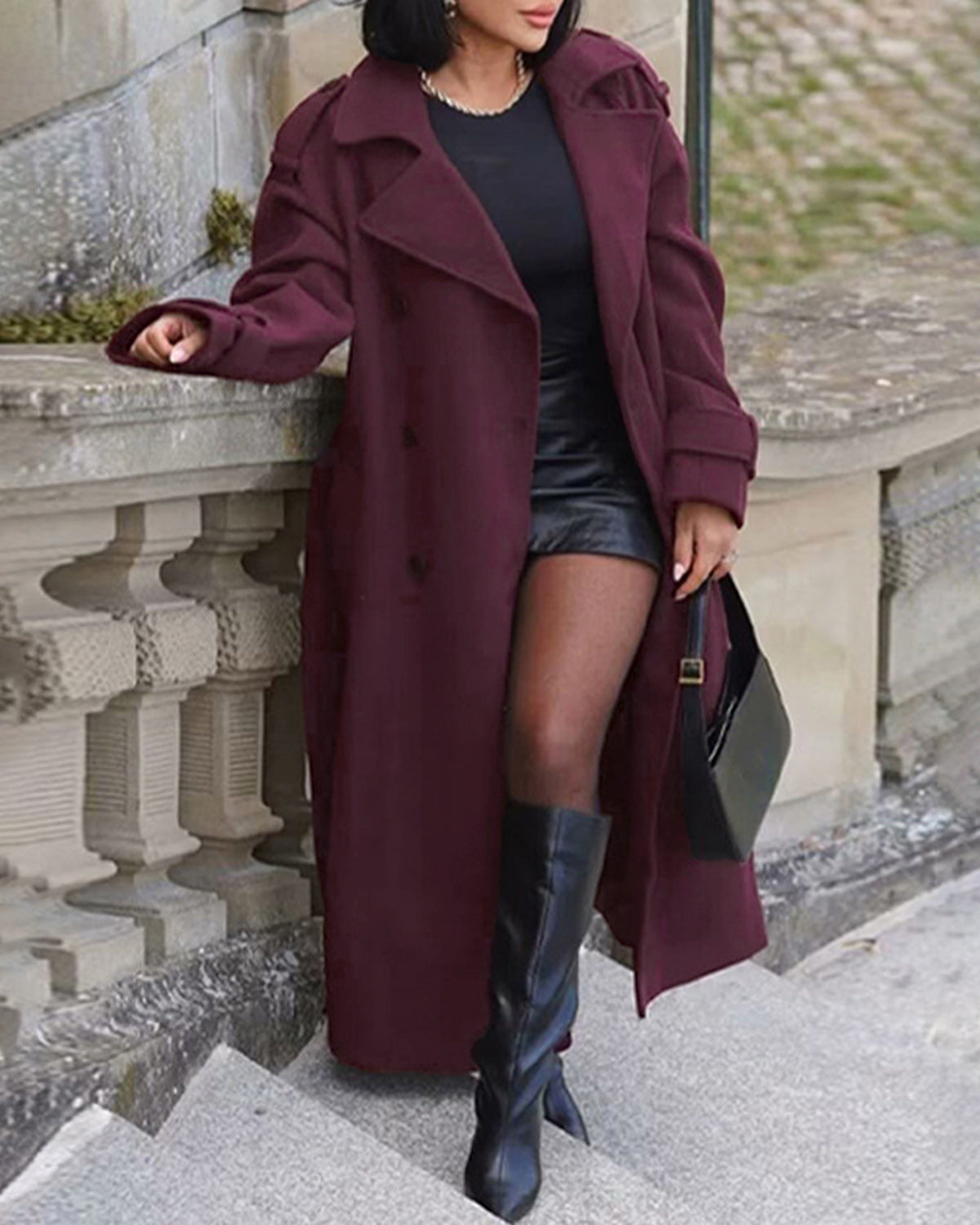 Wine Red Button Trench Coat