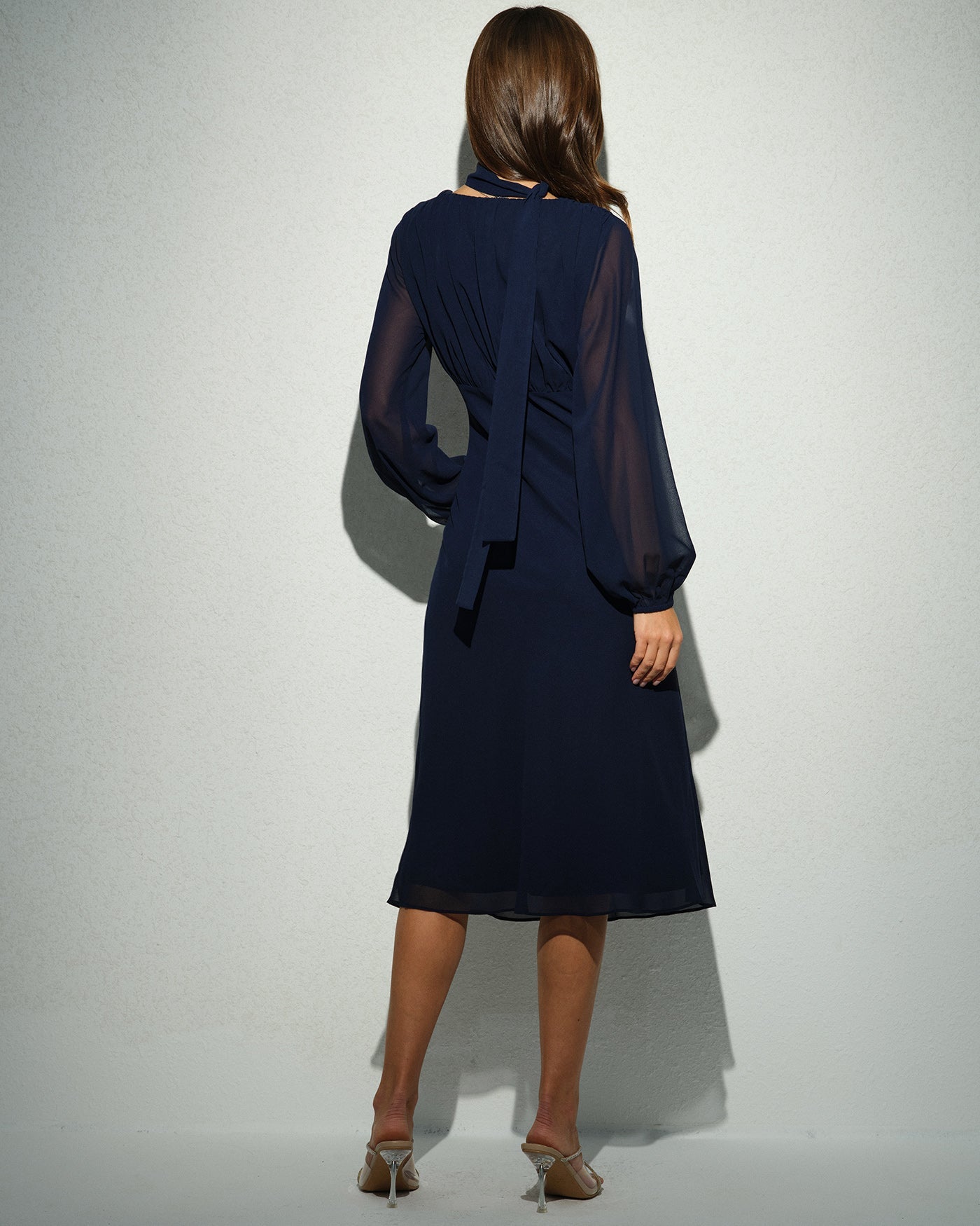 Navy Lantern Sleeve V Neck Midi Dress