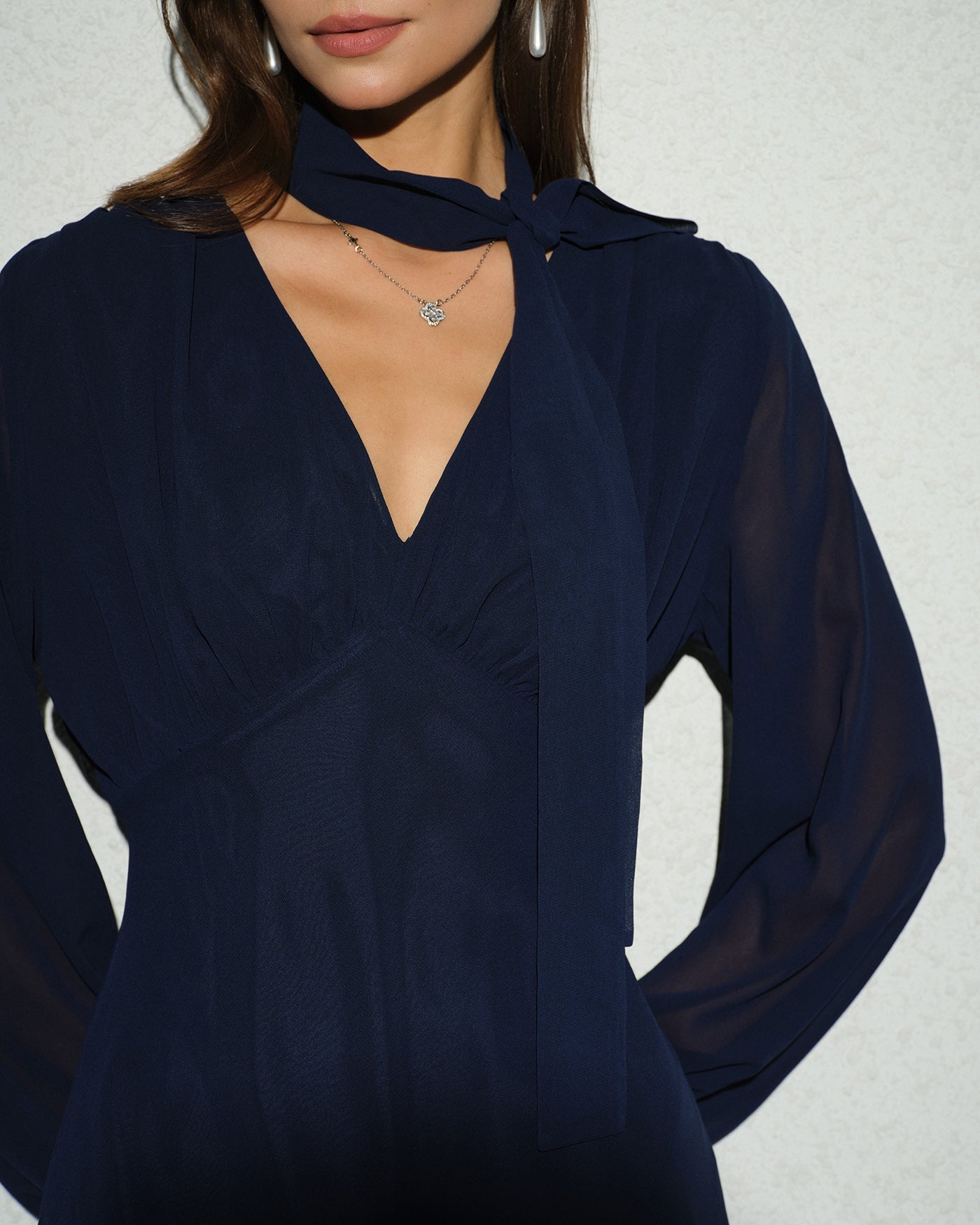 Navy Lantern Sleeve V Neck Midi Dress