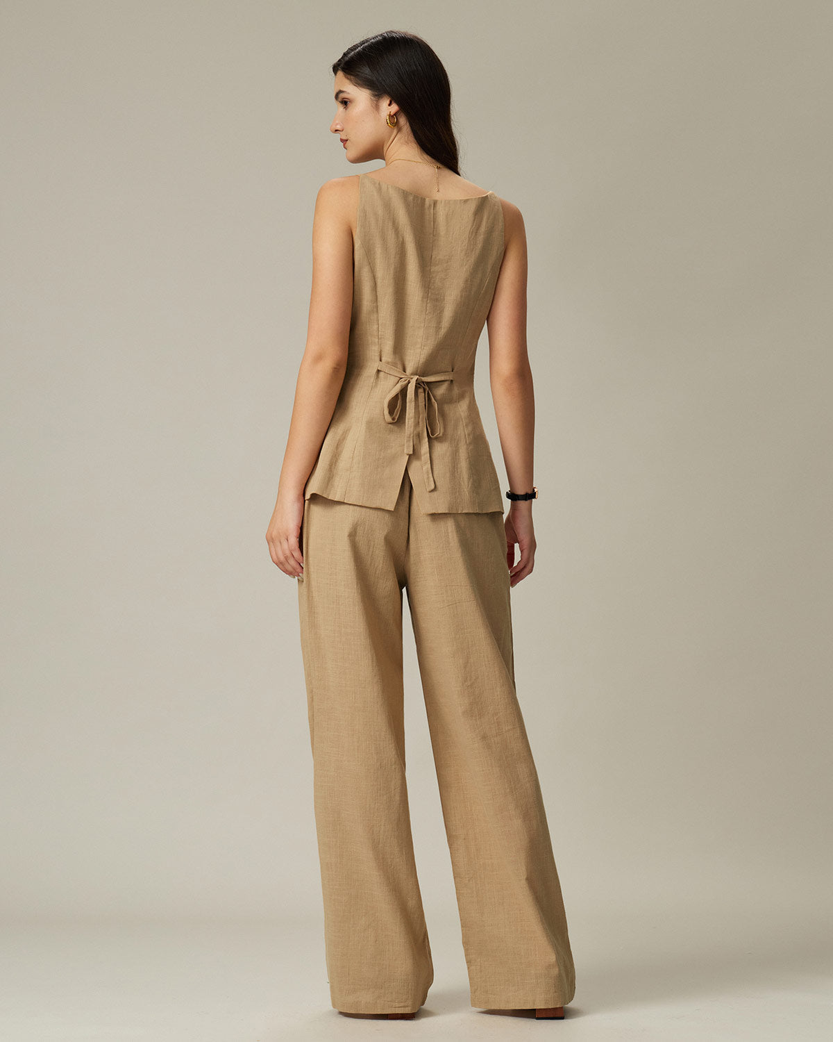 Brown Elastic Waist Pocket Straight Pants