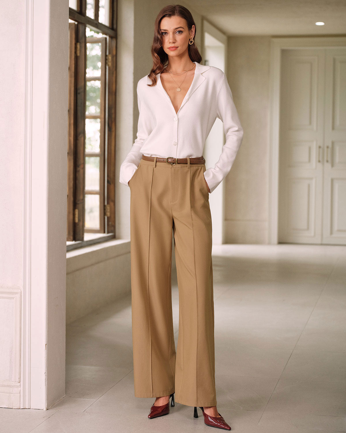 Khaki Natural Waisted Pocket Straight Pants