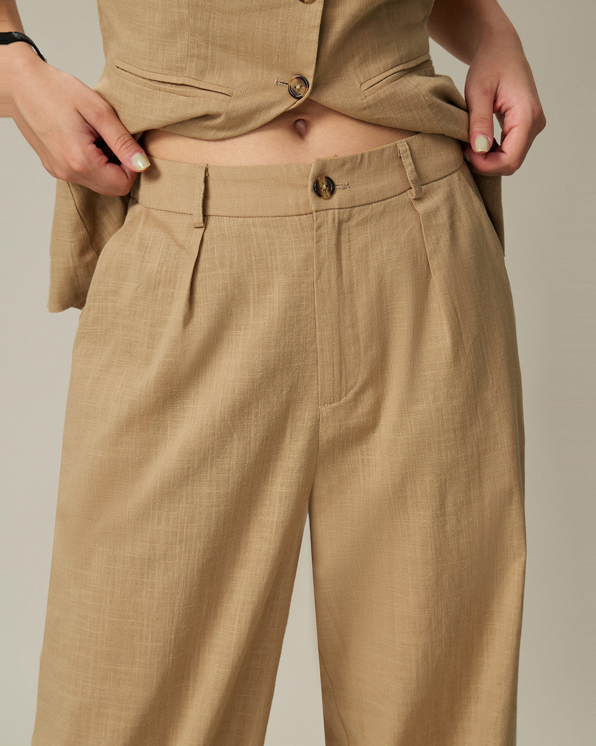 Brown Elastic Waist Pocket Straight Pants