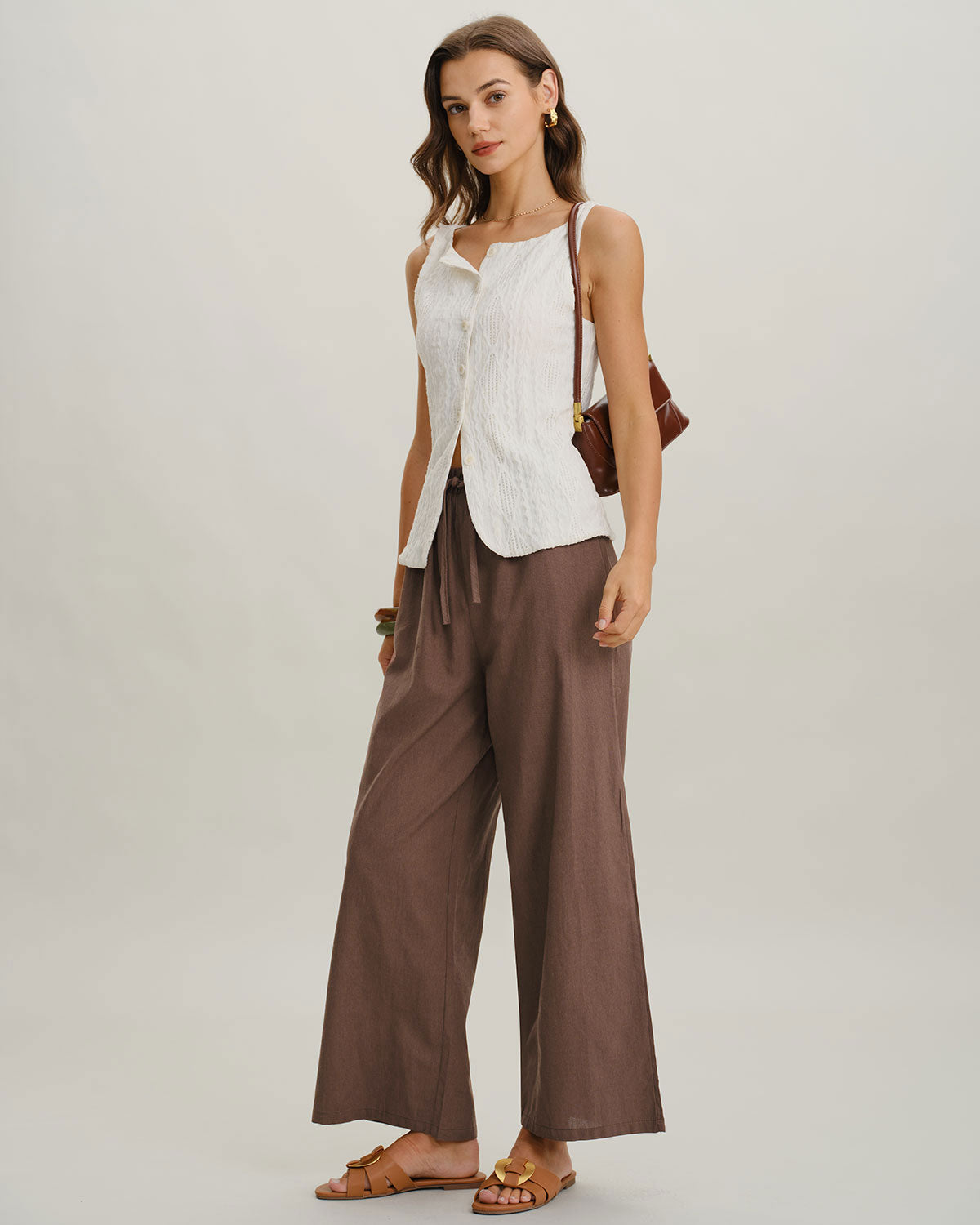 Coffee Elastic Waist Wide Leg Pants