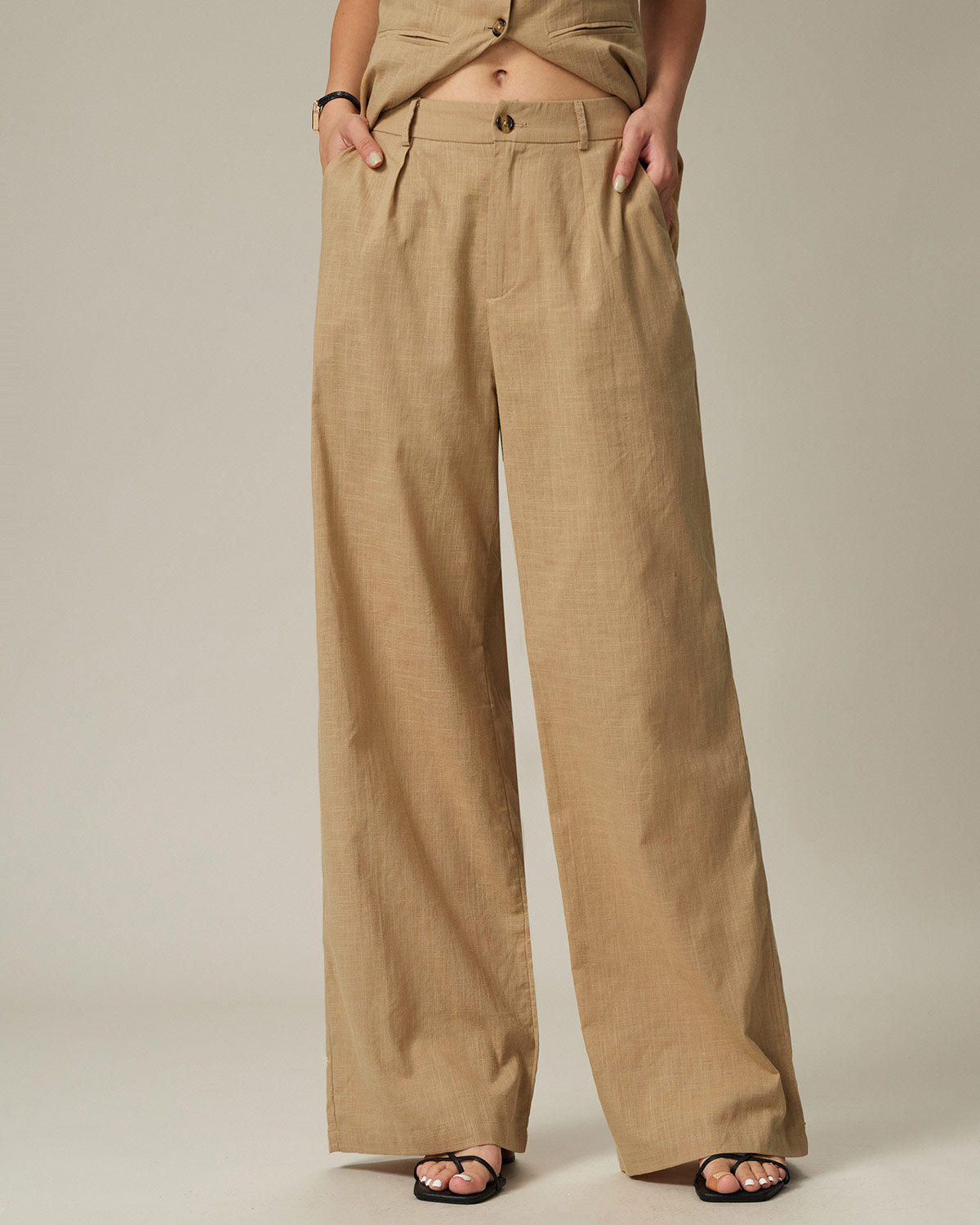 Brown Elastic Waist Pocket Straight Pants