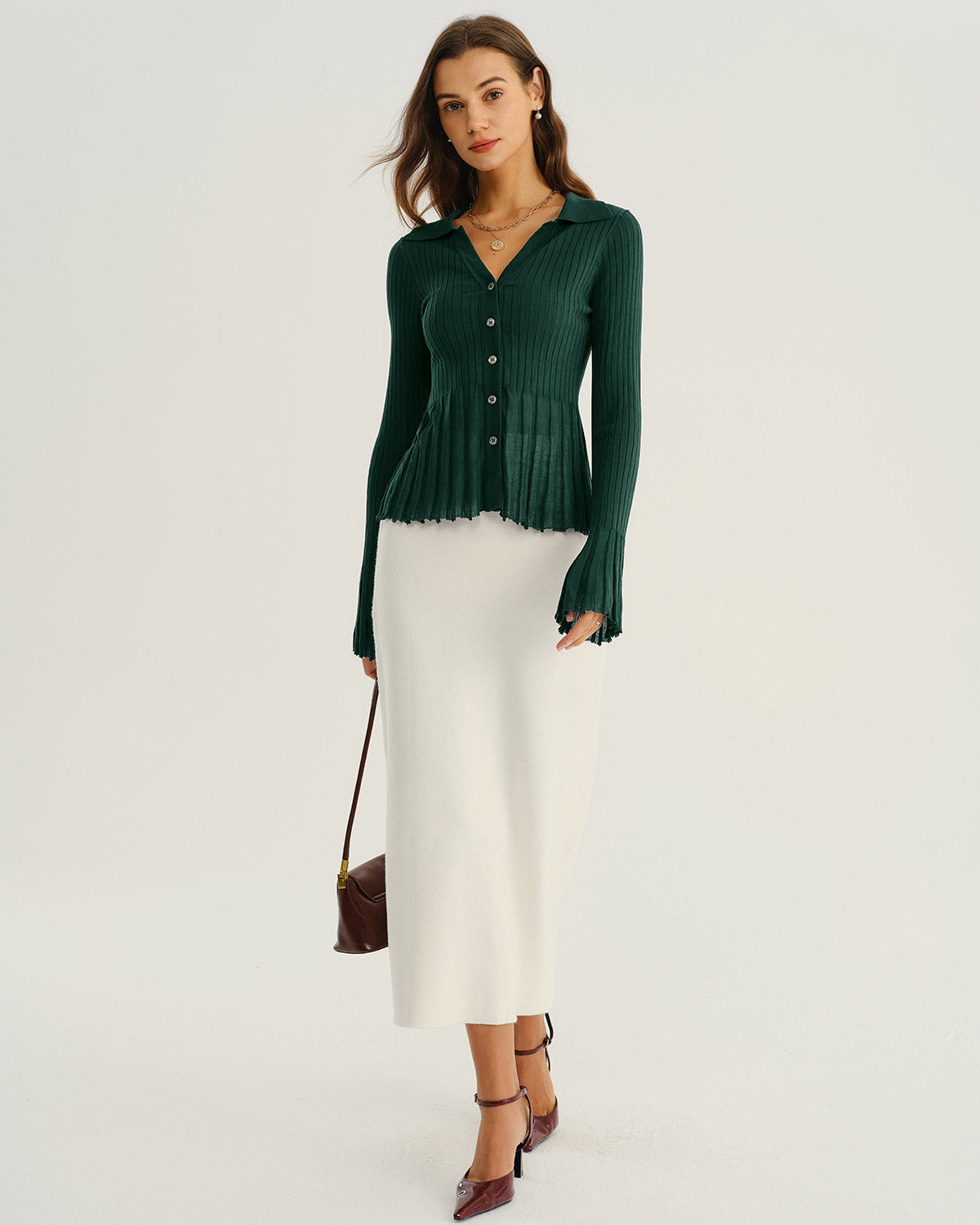 Green V-Neck Bell Sleeve Knit Cardigan