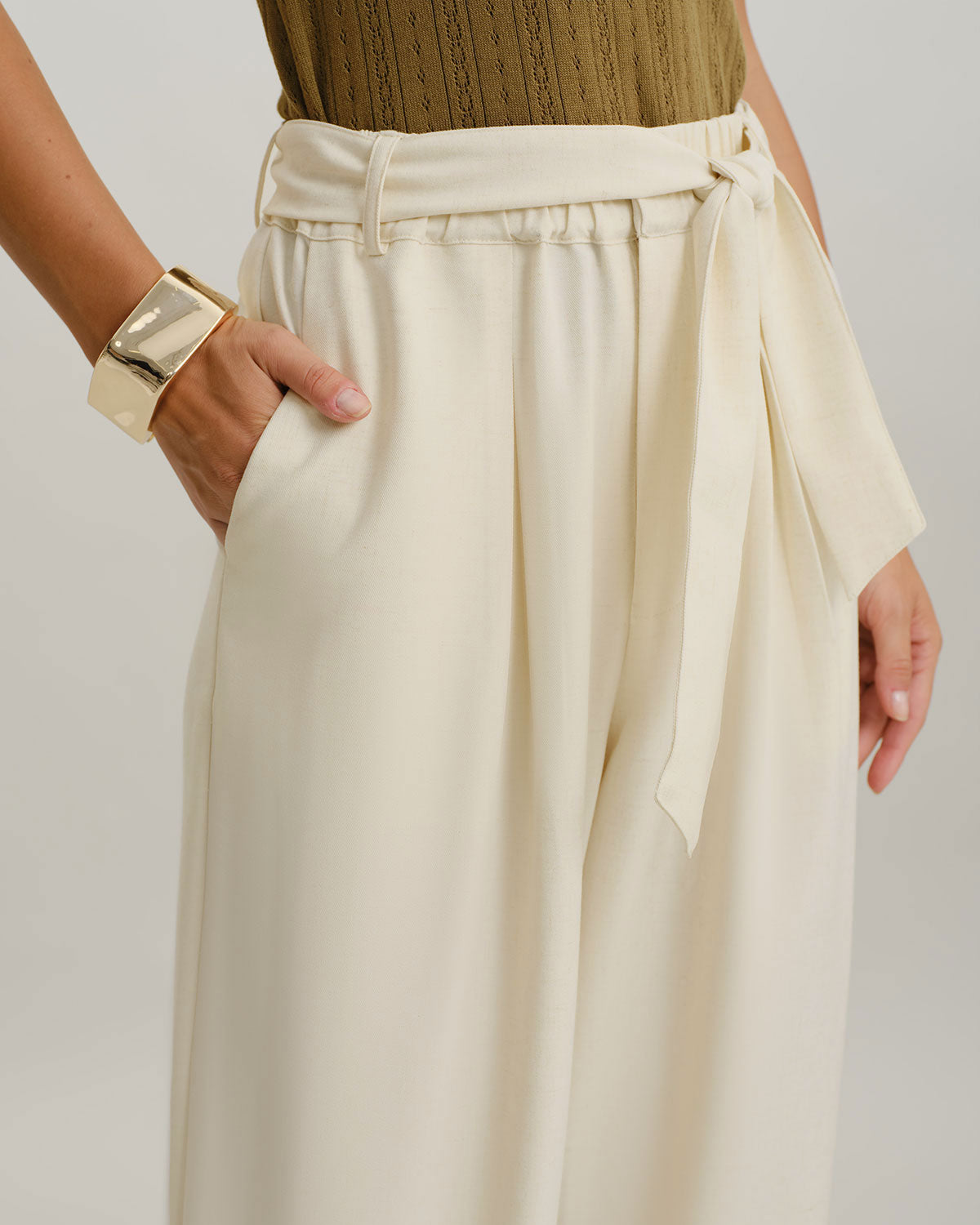 Beige High Waisted Belt Straight Pants