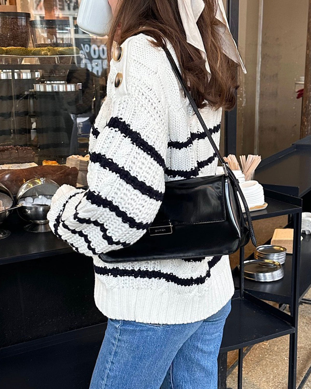 White Striped Button Knit Cardigan