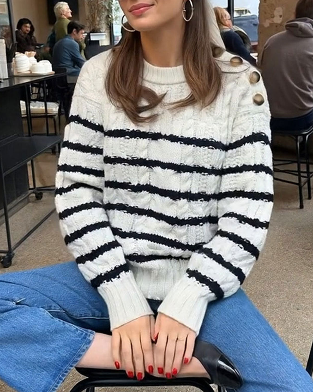 White Striped Button Knit Cardigan