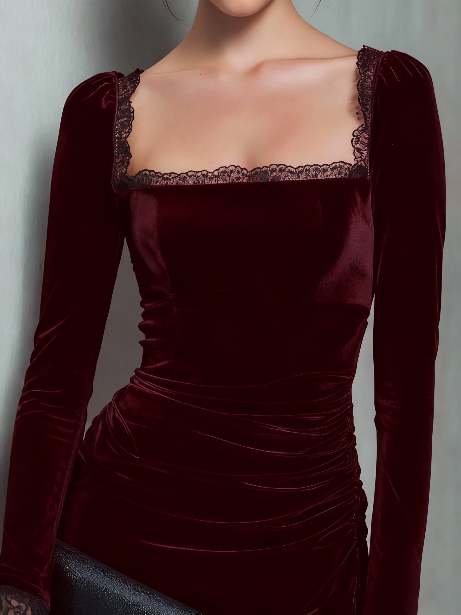 Wine Red Velour Square Neck Mini Dress
