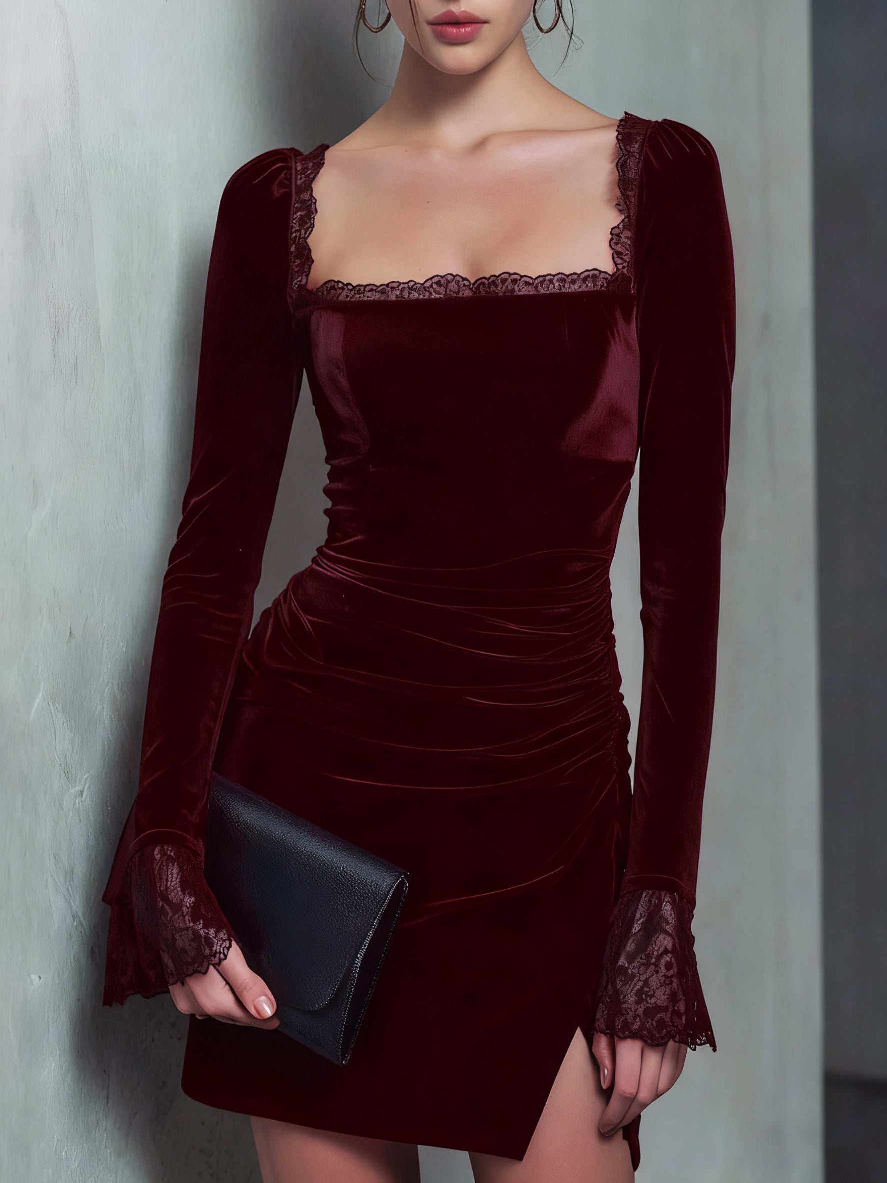 Wine Red Velour Square Neck Mini Dress
