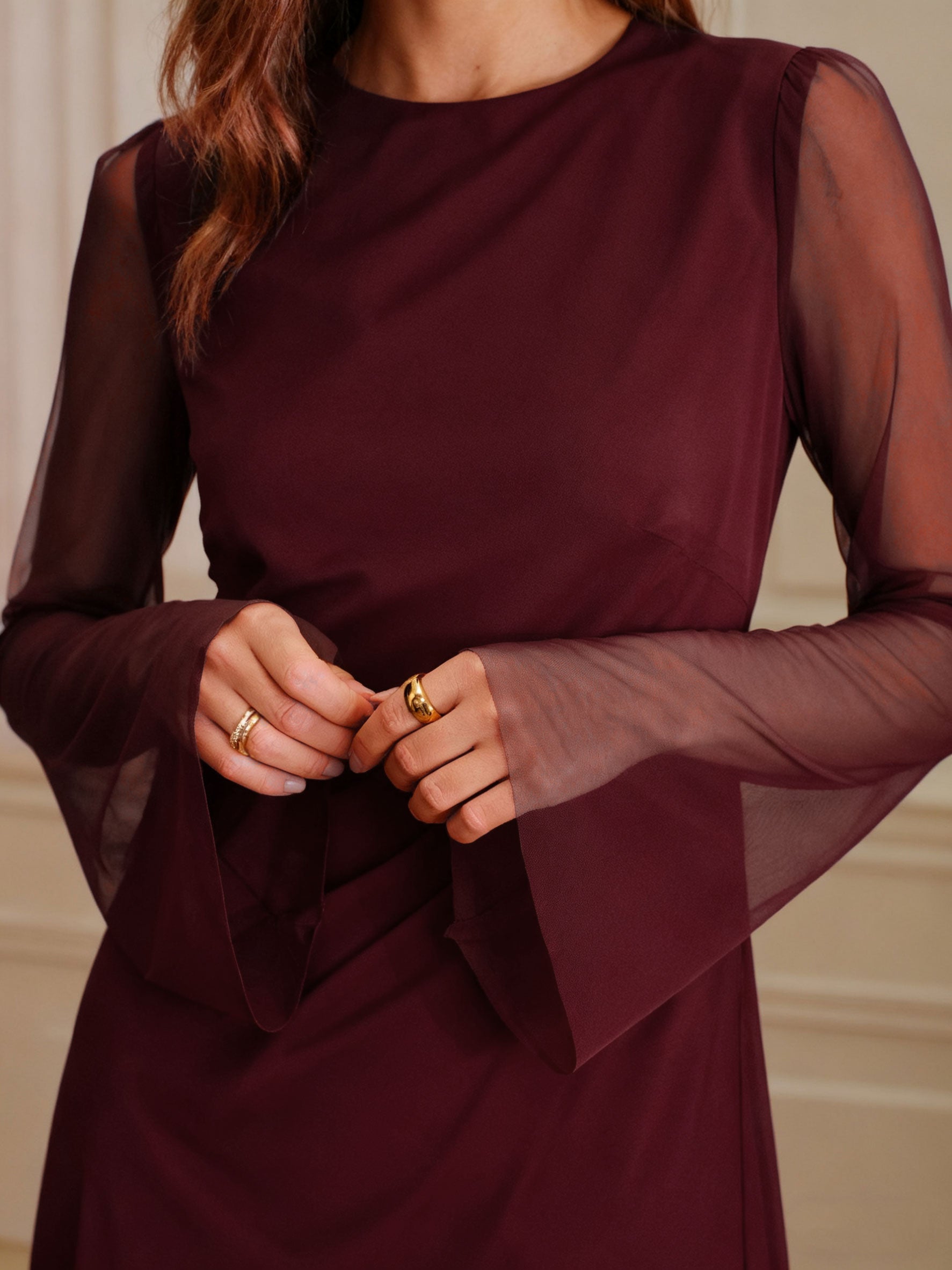 Wine Red Boat Neck Mesh Mini Dress