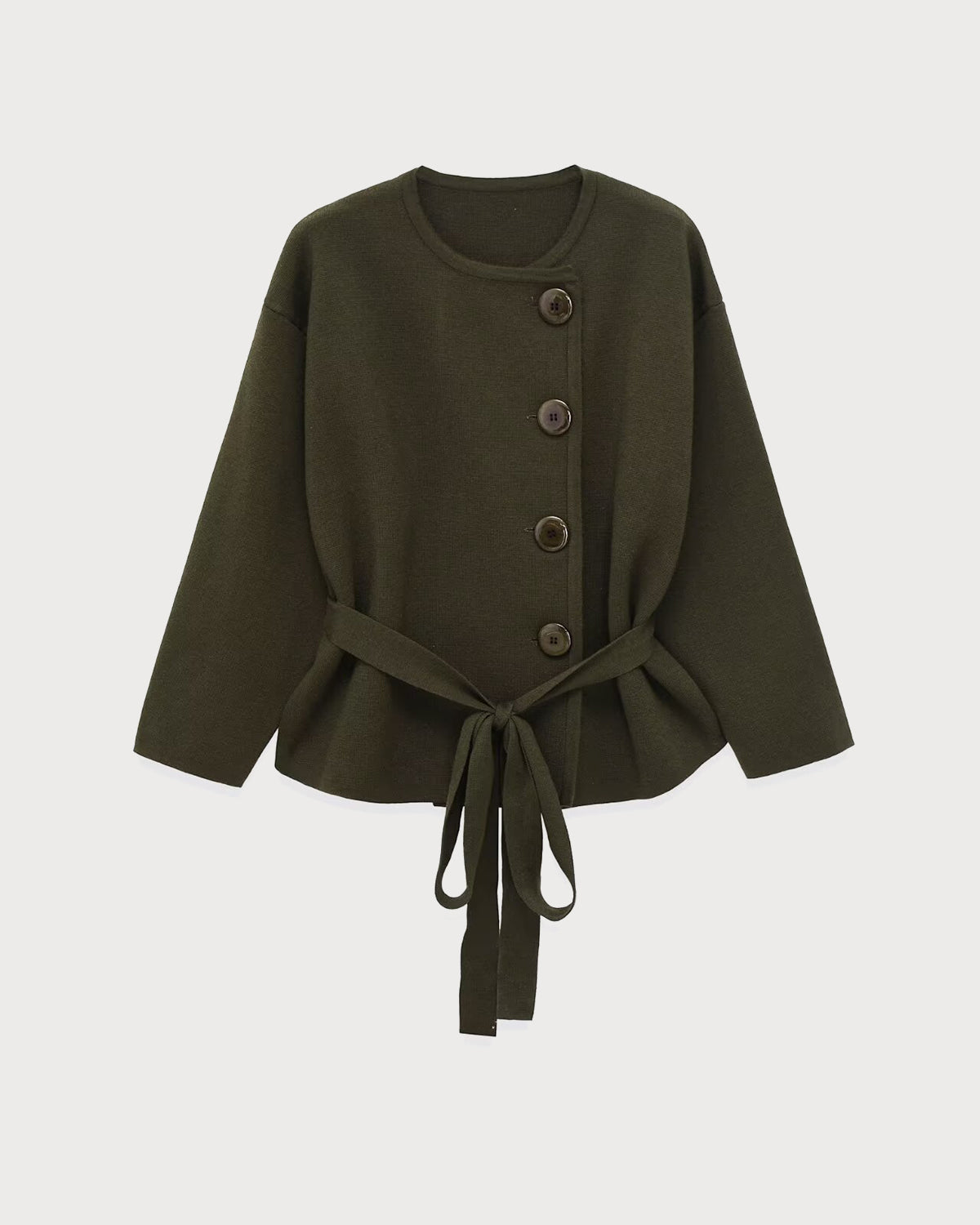 Green Round Neck Belted Cardigan