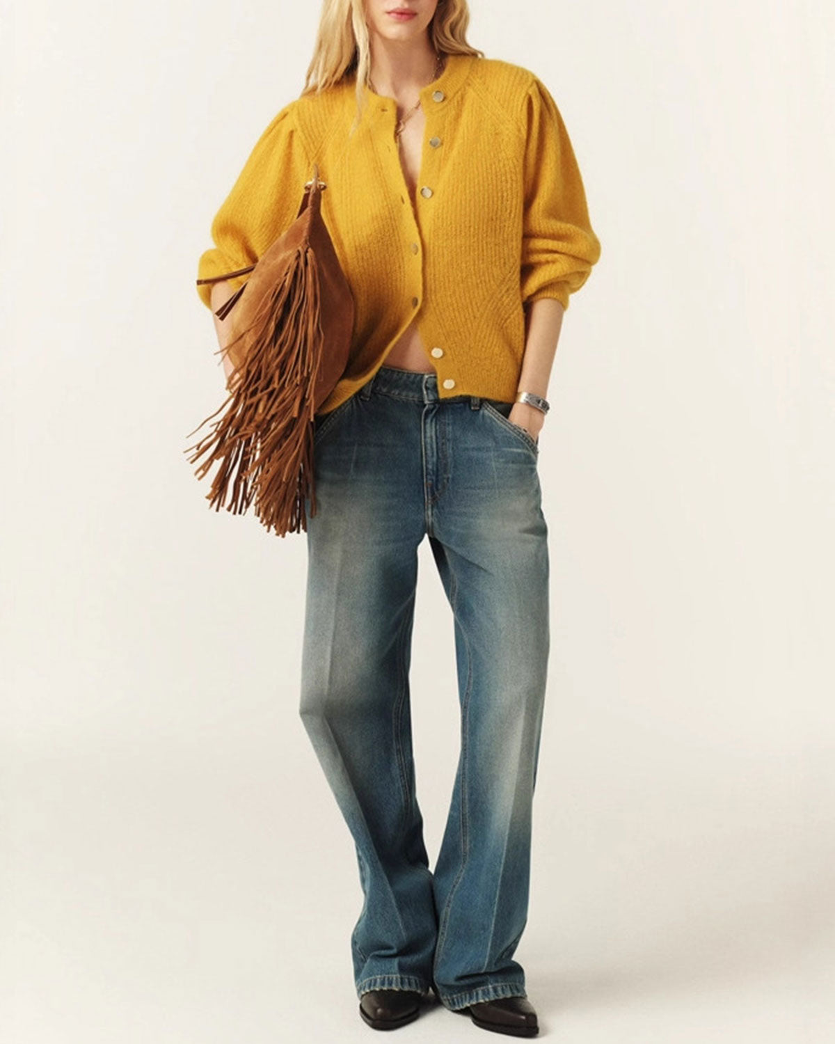 Yellow Round Neck Knit Cardigan