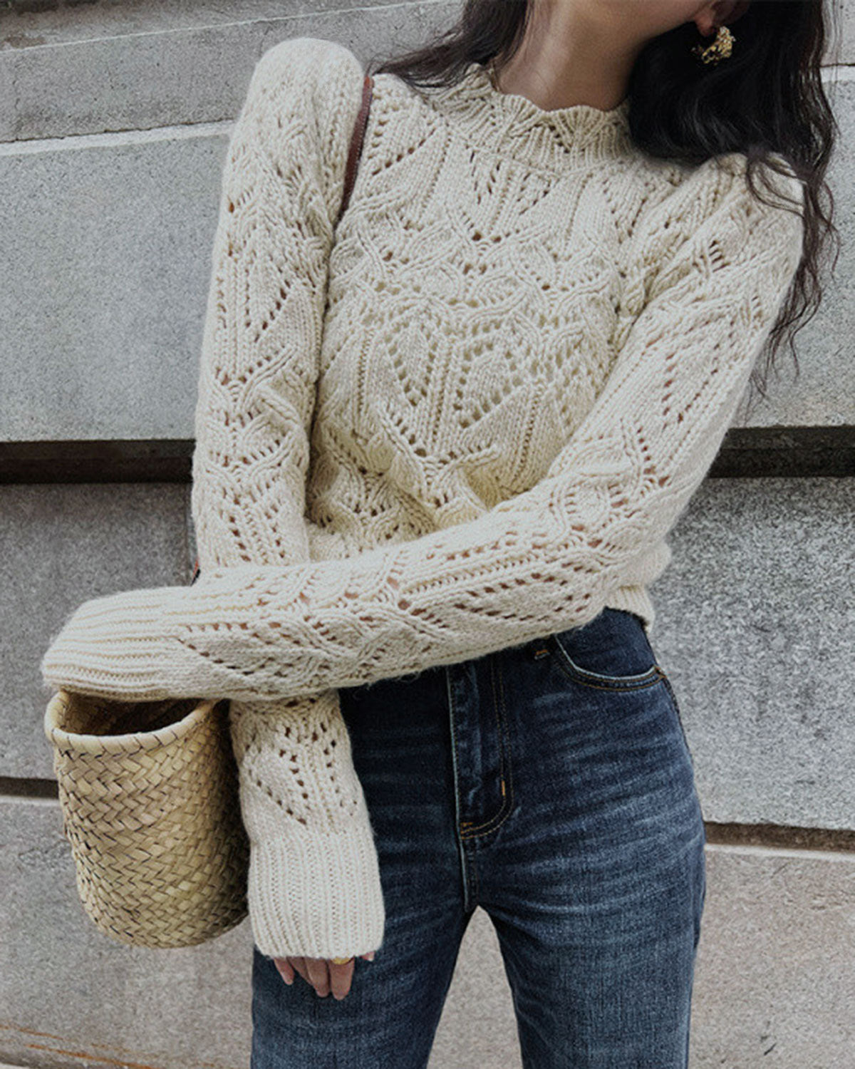 Harper Off White Round Neck Cut Out Sweater