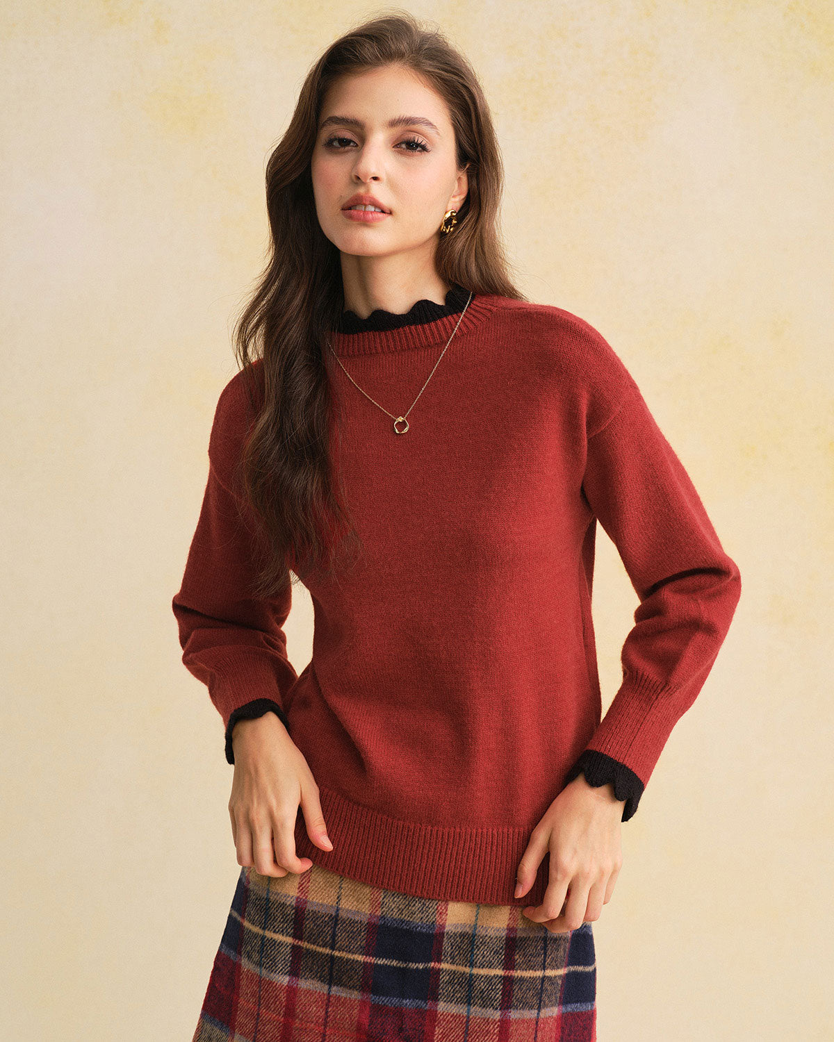 Wine Red  Contrasting Loose Sweater