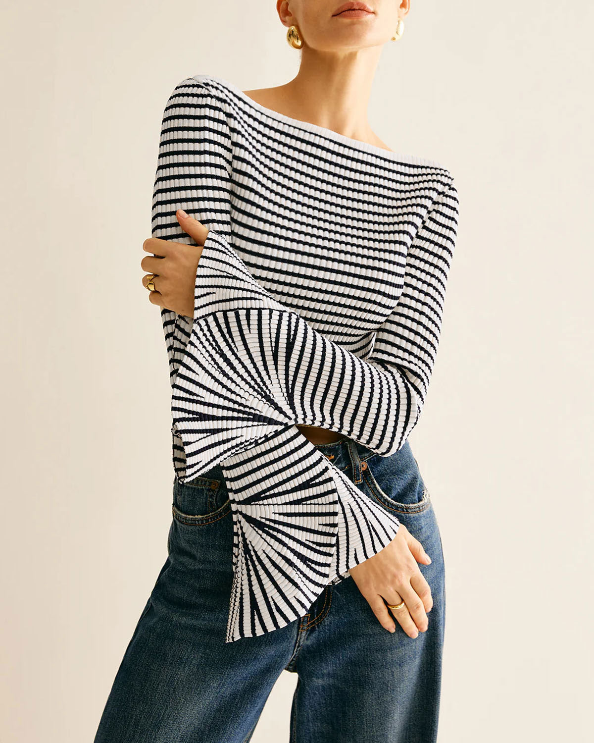 Black Striped Bell Sleeve Tee