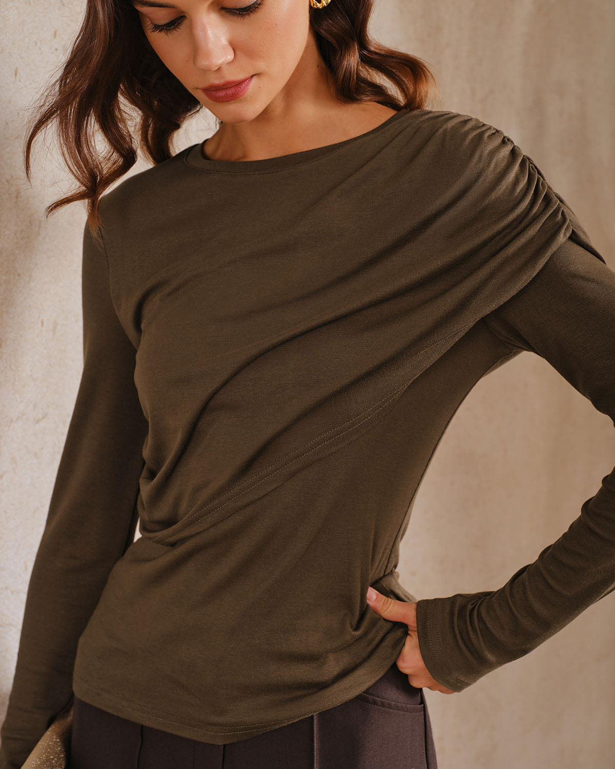 Brown Ruched Slim Long Sleeves Knit Tee