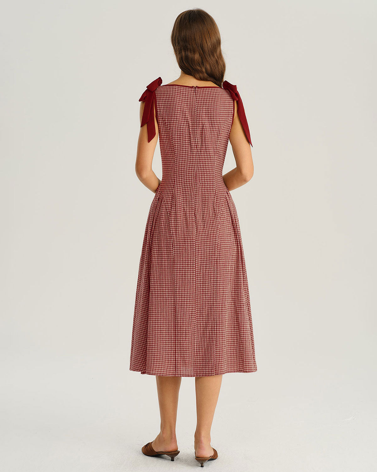 Red Plaid Tie Strap A-Line Midi Dress