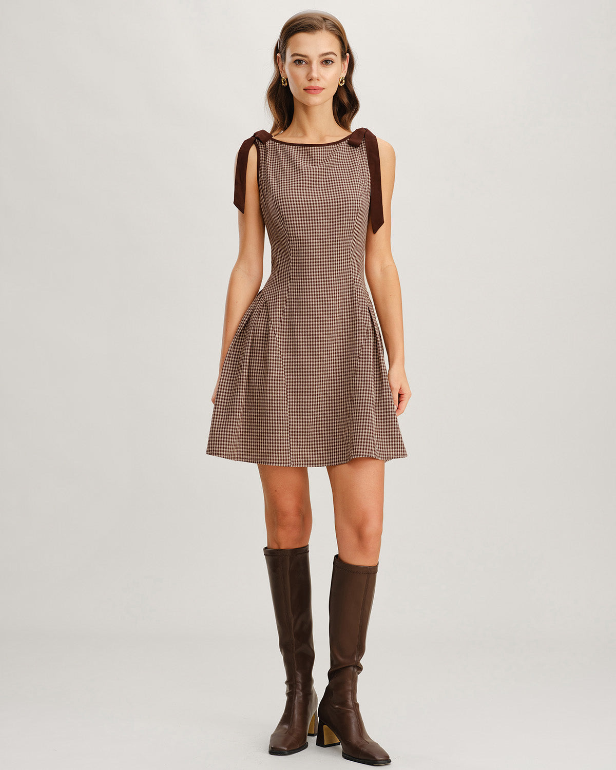 Brown Plaid Tie Strap Mini Dress