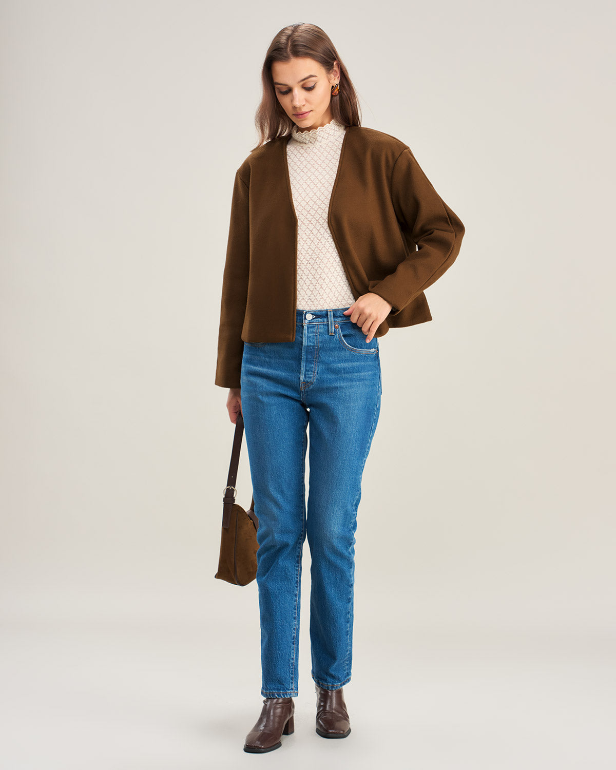 Coffee V Neck Casual Coat