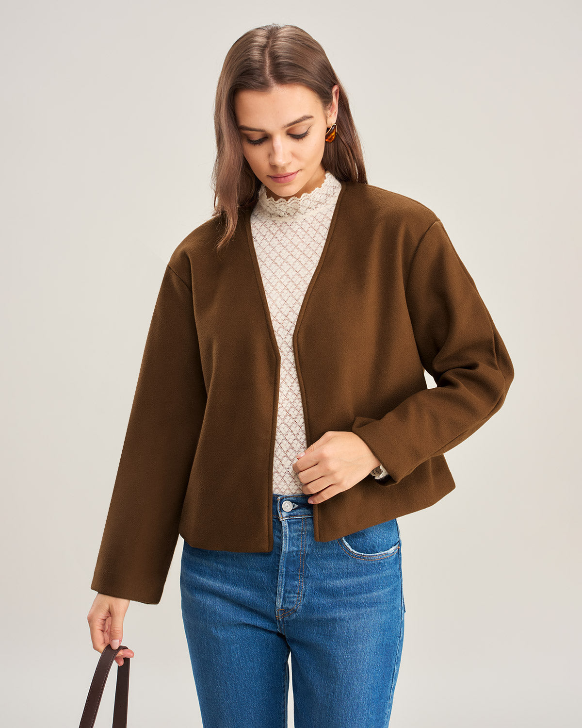 Coffee V Neck Casual Coat