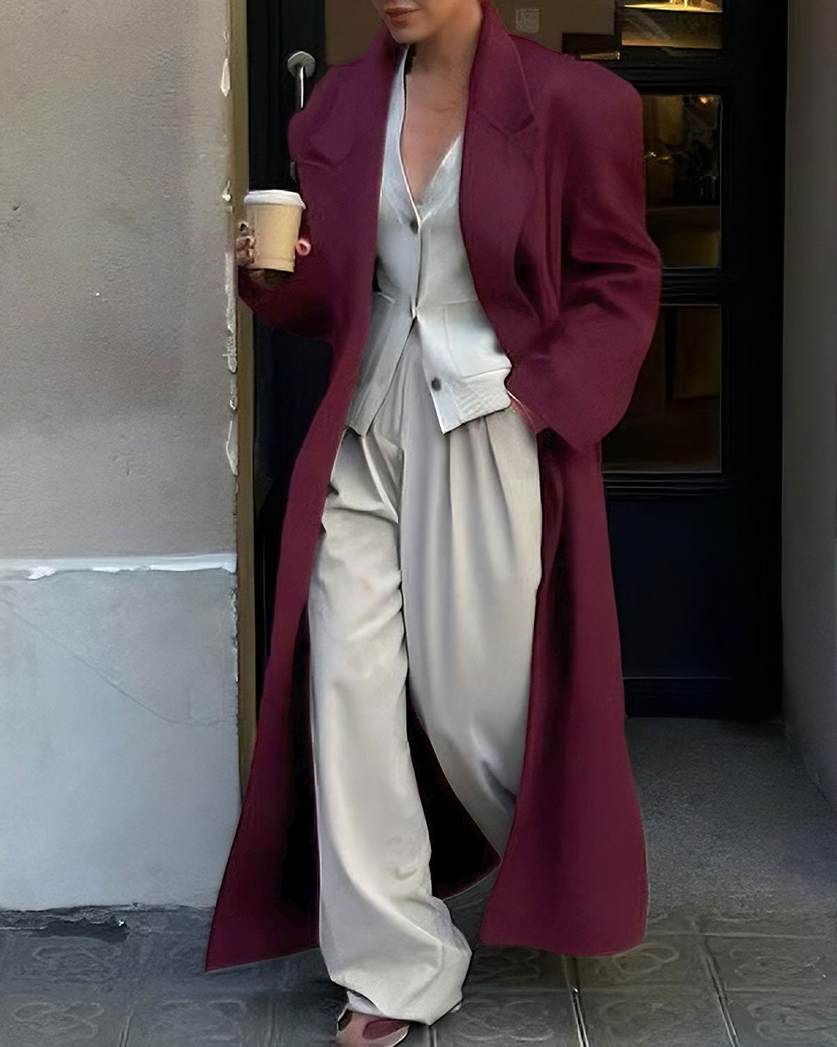 Wine Red Button Long Coat