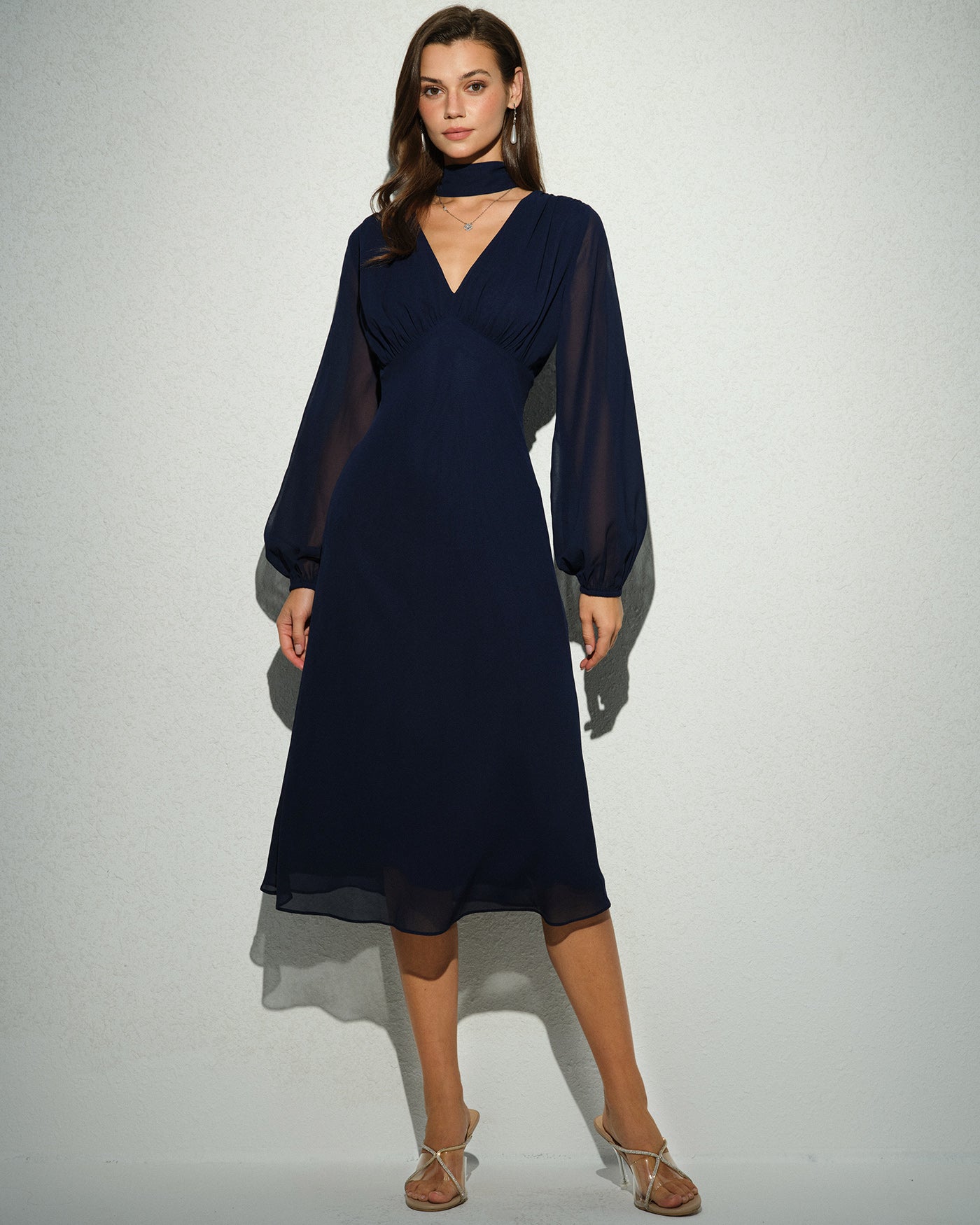 Navy Lantern Sleeve V Neck Midi Dress