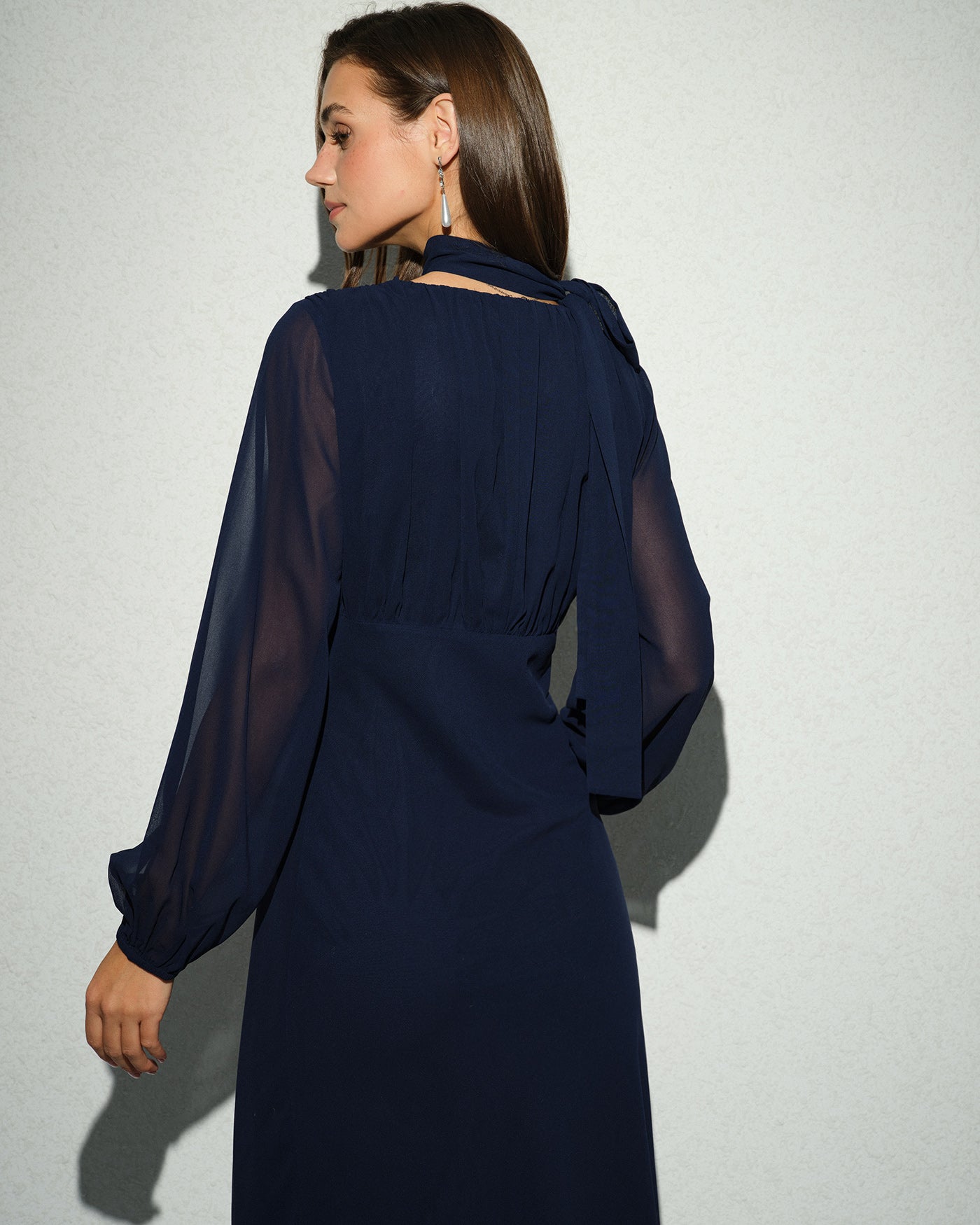 Navy Lantern Sleeve V Neck Midi Dress