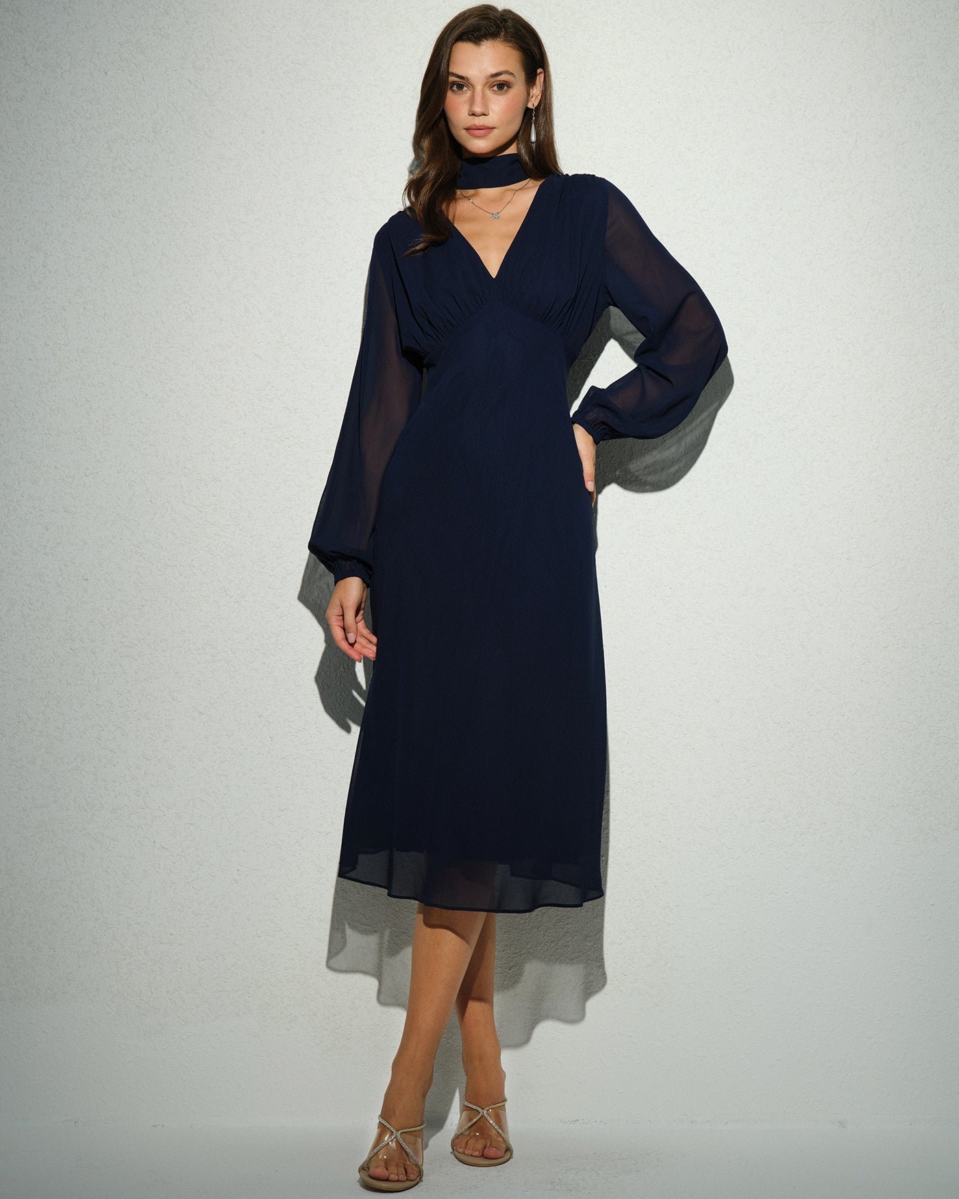 Navy Lantern Sleeve V Neck Midi Dress